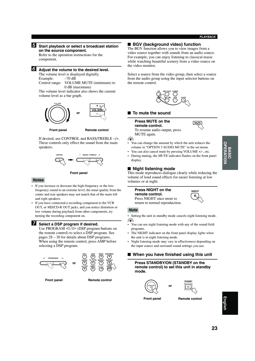 Yamaha RX-V440RDS owner manual BGV background video function, To mute the sound, Night listening mode 