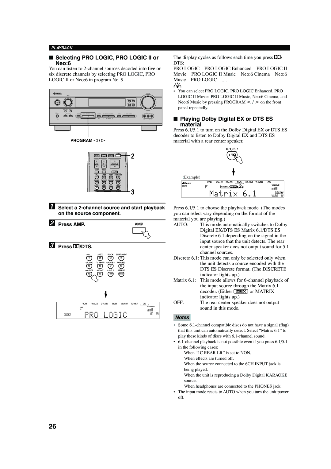 Yamaha RX-V440RDS Matrix, Selecting PRO LOGIC, PRO Logic II or Neo6, Playing Dolby Digital EX or DTS ES Material 