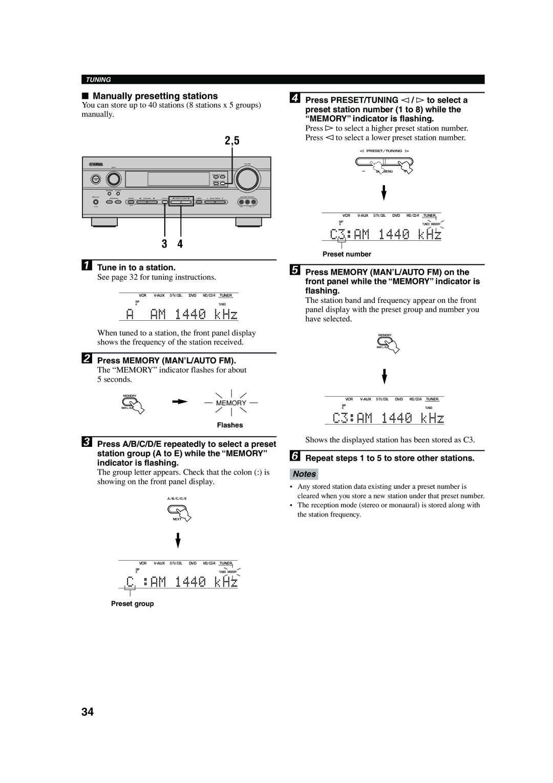 Yamaha RX-V440RDS owner manual C3AM 1440 kHz, Manually presetting stations, Tune in to a station 