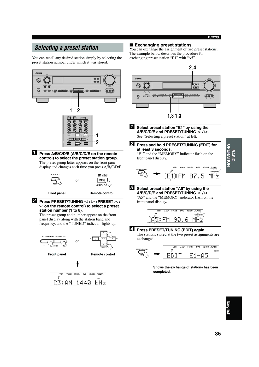 Yamaha RX-V440RDS owner manual Selecting a preset station, E1FM 87.5 MHz, A5FM 90.6 MHz, Exchanging preset stations 