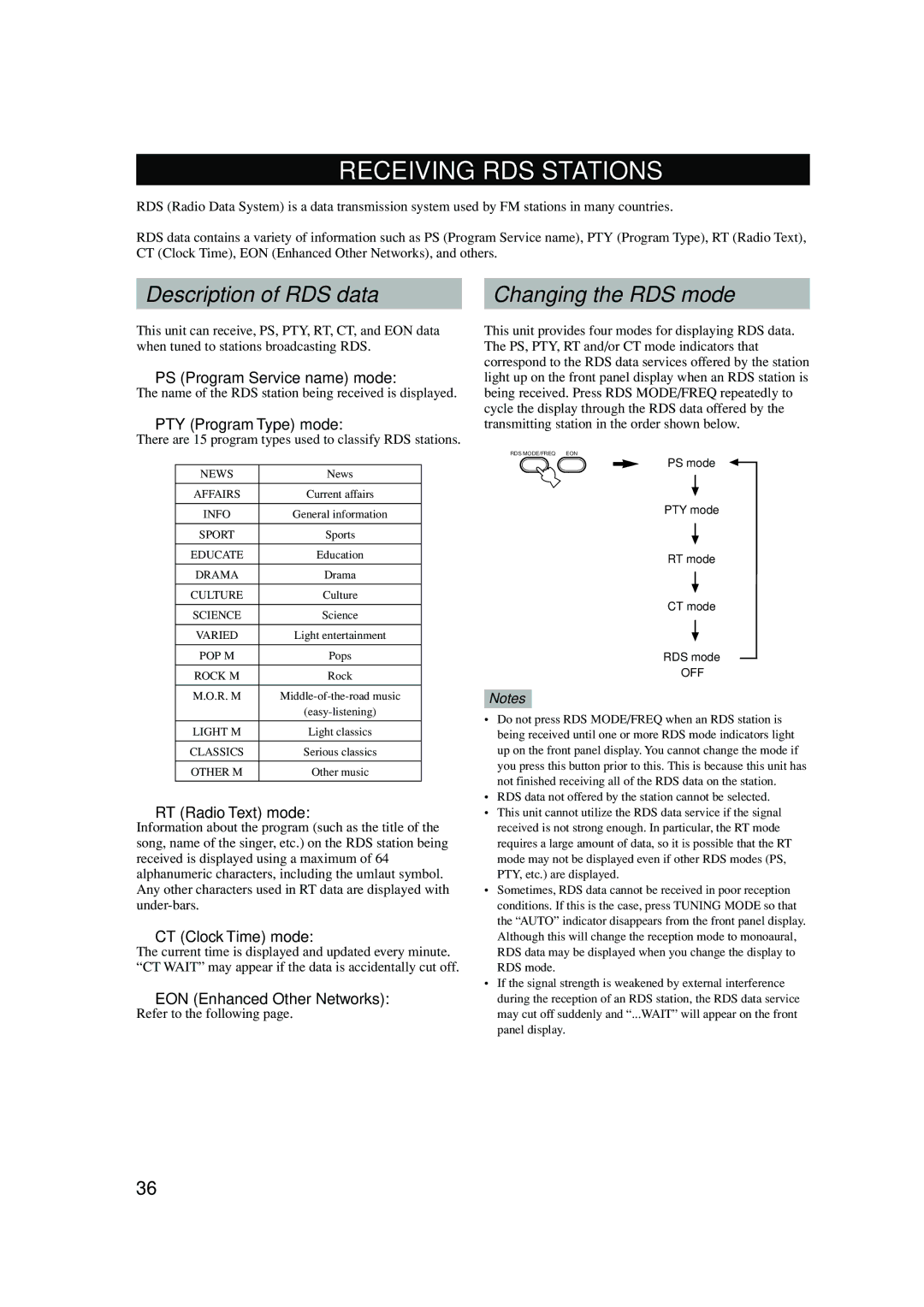 Yamaha RX-V440RDS owner manual Receiving RDS Stations, Description of RDS data, Changing the RDS mode 