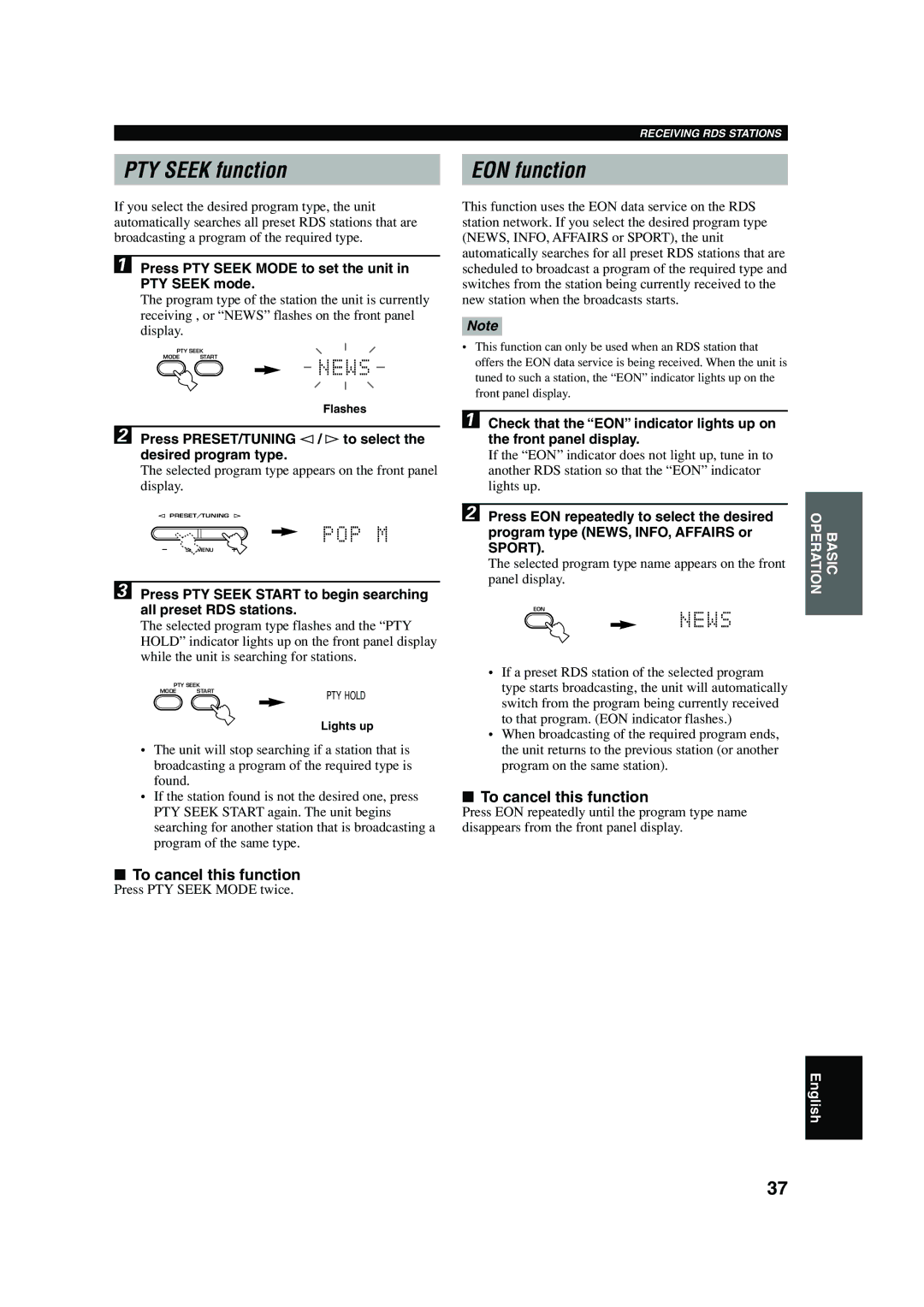 Yamaha RX-V440RDS owner manual PTY Seek function, EON function, To cancel this function 