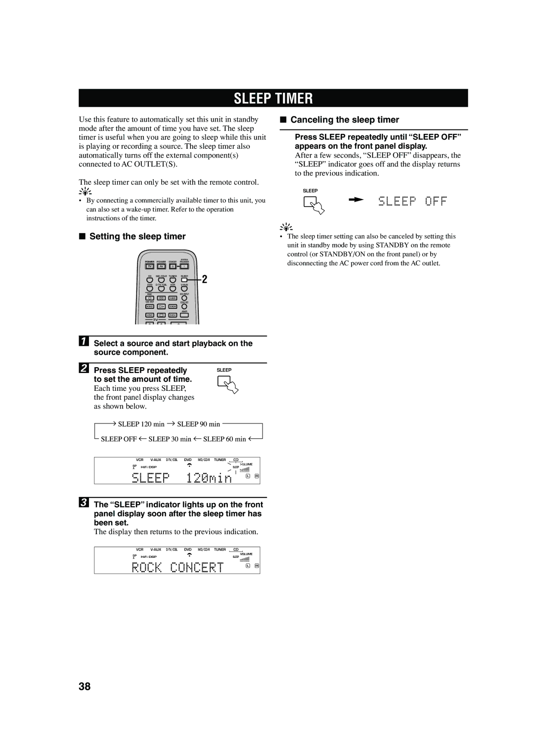 Yamaha RX-V440RDS owner manual Sleep Timer, Sleep 120min L R, Setting the sleep timer, Canceling the sleep timer 