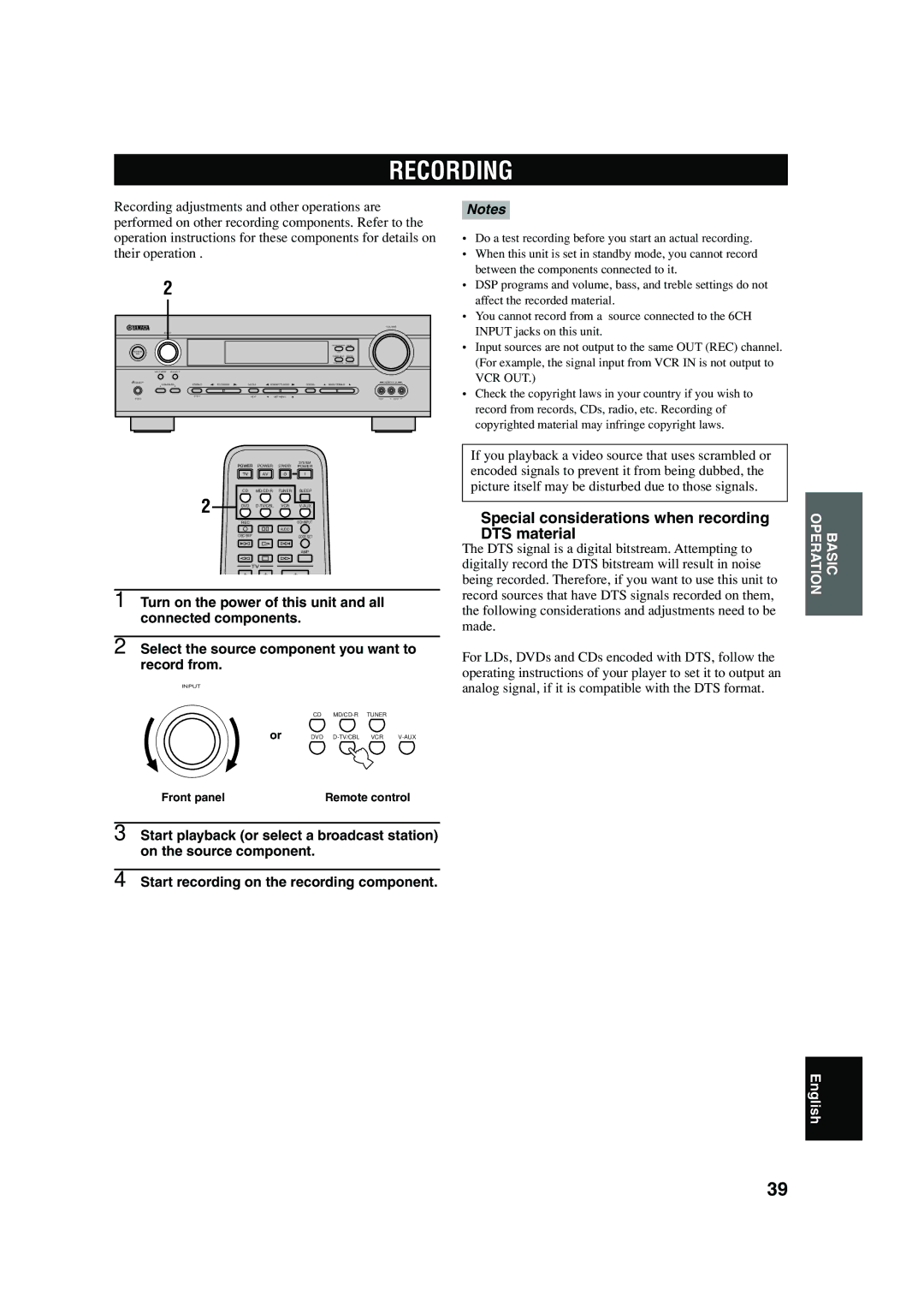 Yamaha RX-V440RDS owner manual Recording, Special considerations when recording DTS material 