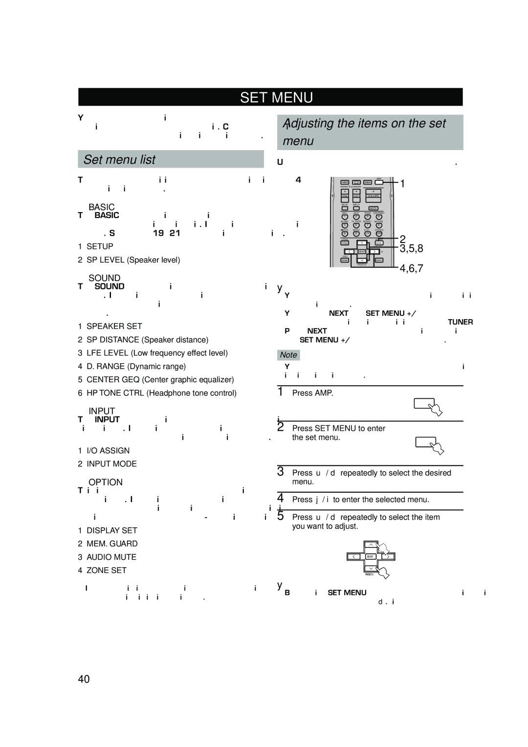 Yamaha RX-V440RDS owner manual SET Menu, Set menu list, Adjusting the items on the set Menu 