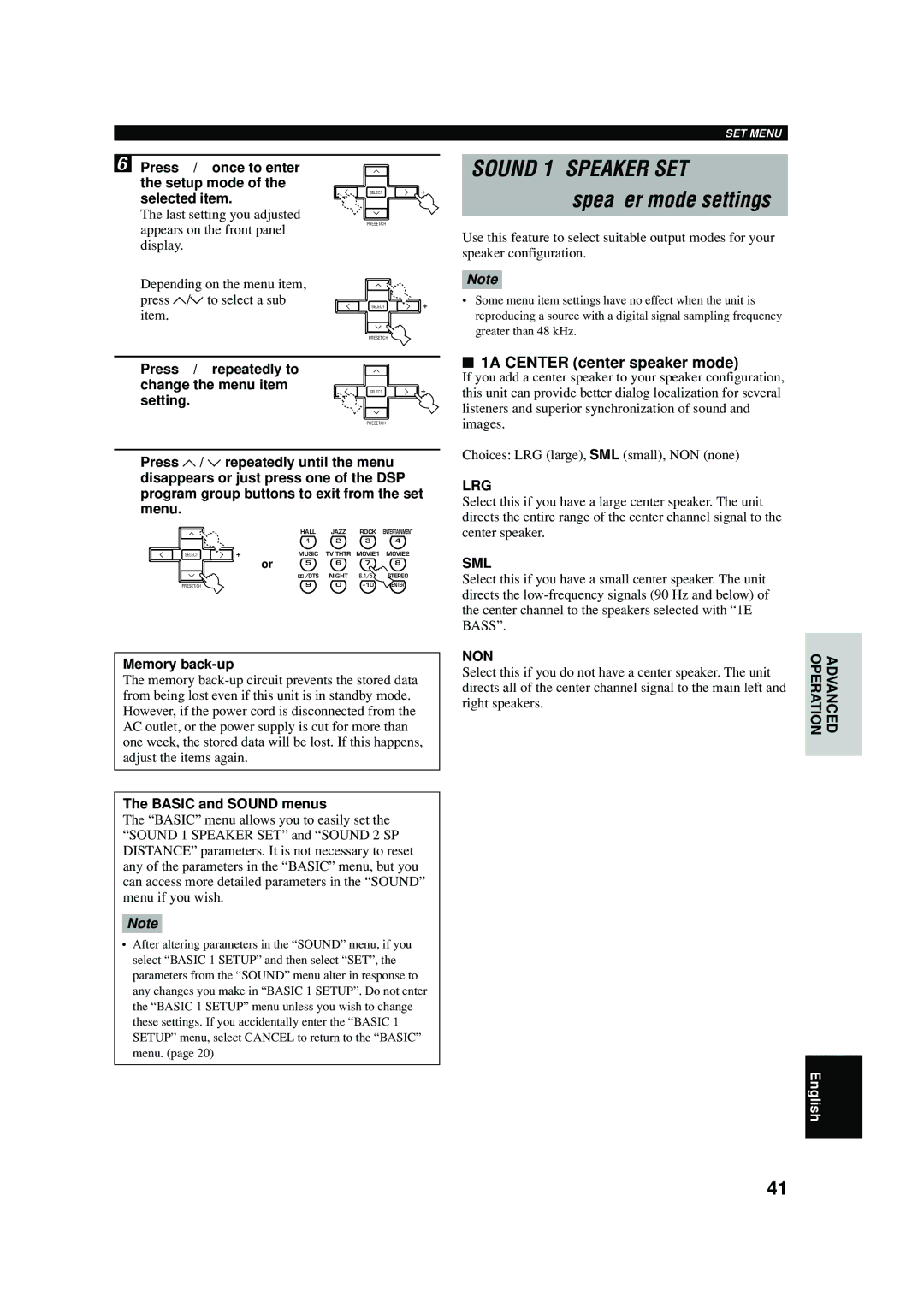 Yamaha RX-V440RDS owner manual Speaker mode settings, 1A Center center speaker mode, Lrg, Sml, Non 