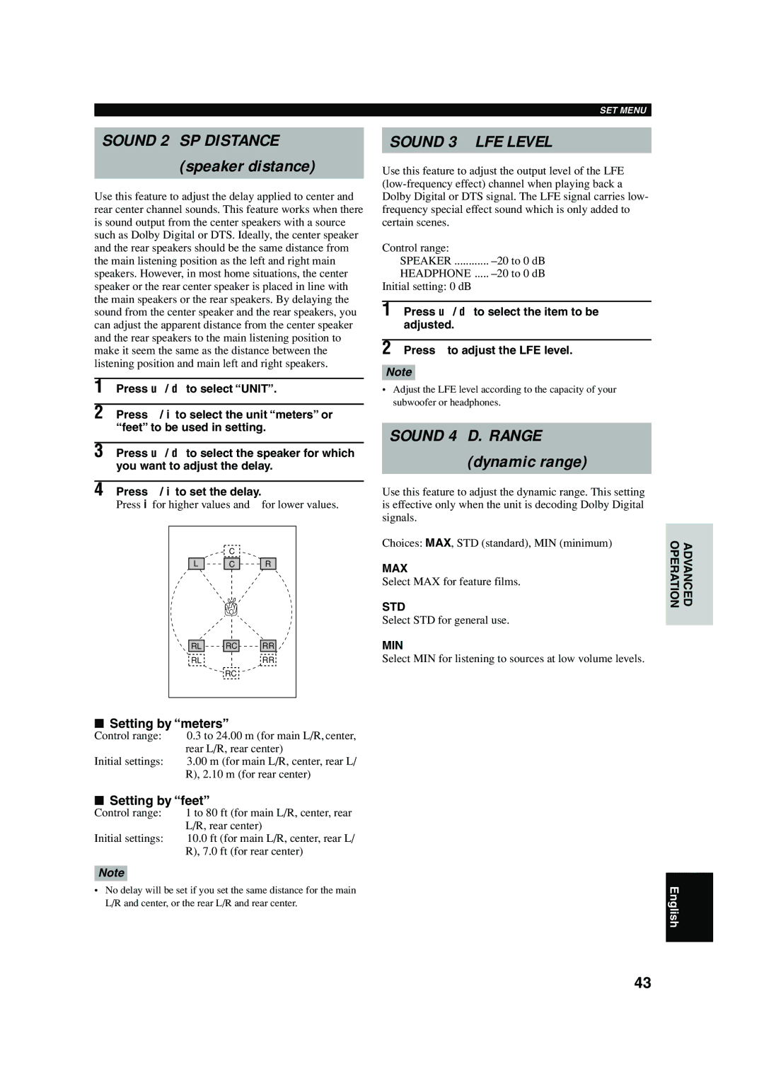 Yamaha RX-V440RDS owner manual Speaker distance, Dynamic range, Setting by meters, Setting by feet 