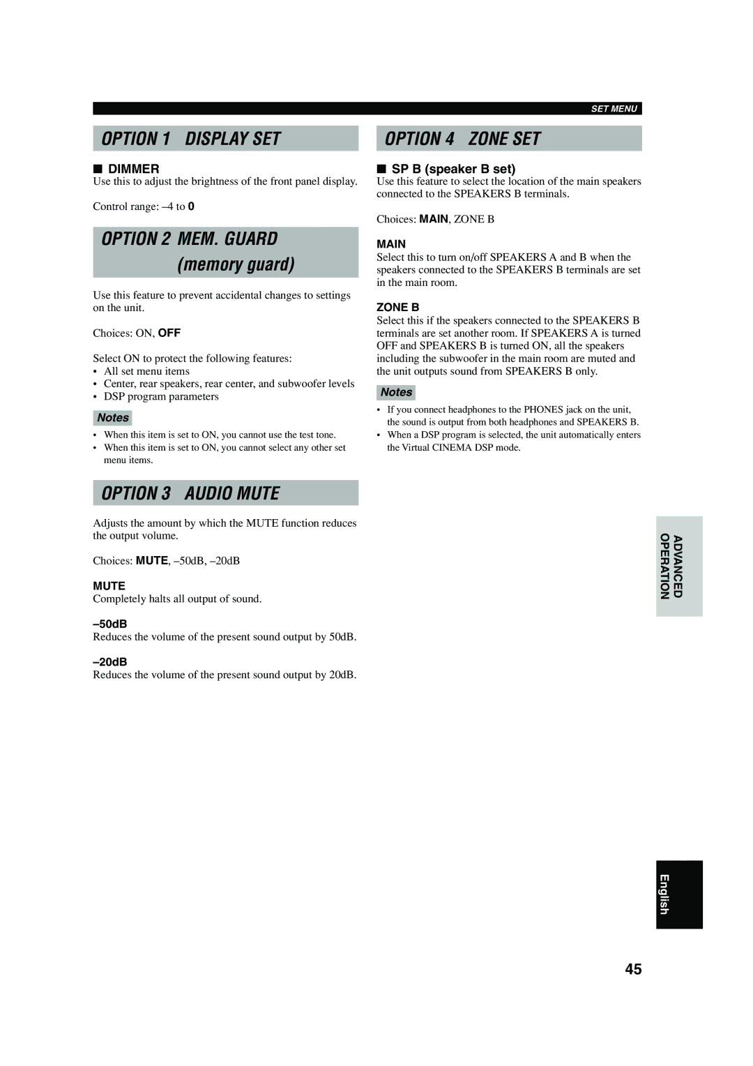 Yamaha RX-V440RDS owner manual Memory guard, Dimmer, SP B speaker B set, Mute, Zone B 