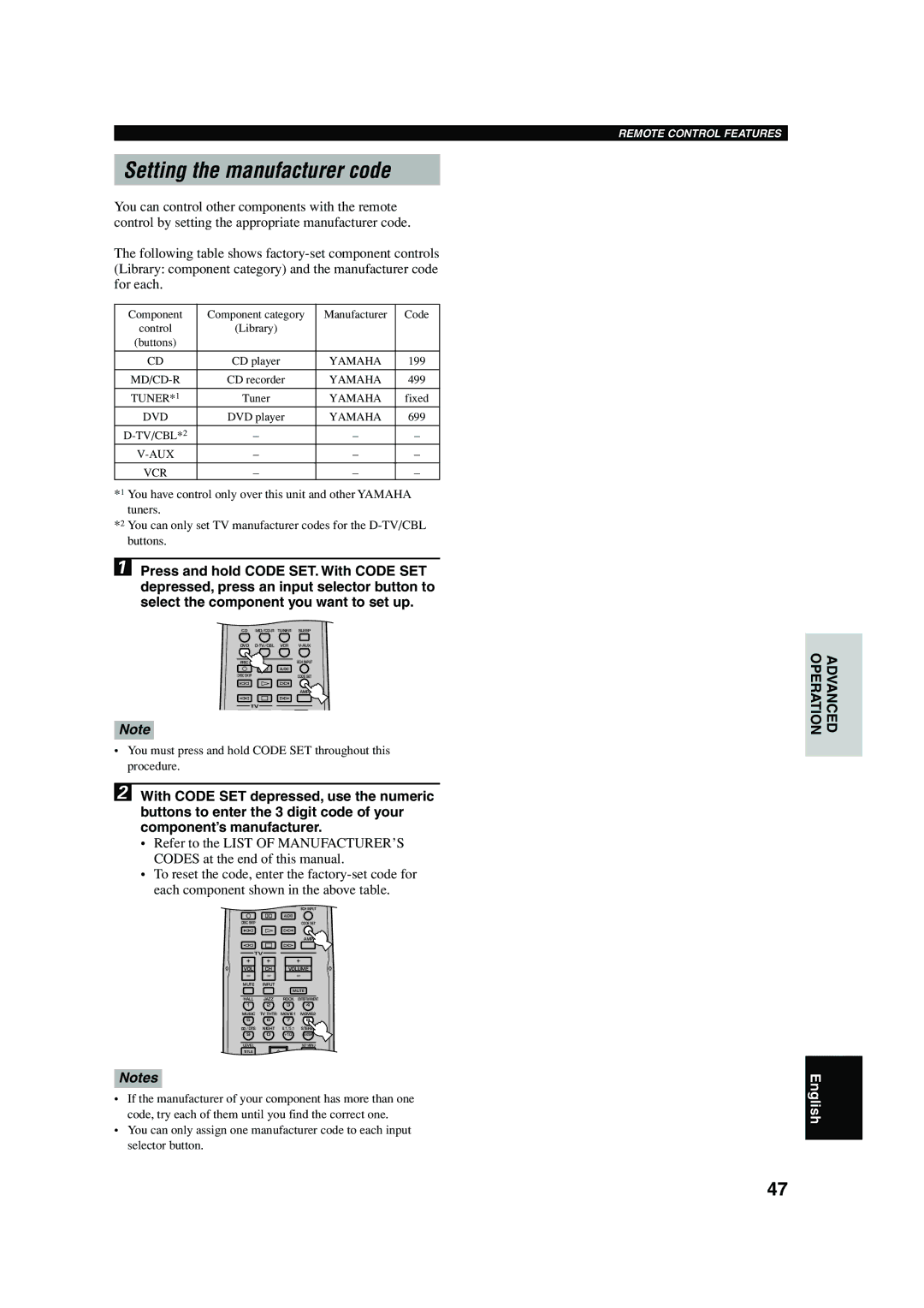 Yamaha RX-V440RDS owner manual Setting the manufacturer code 