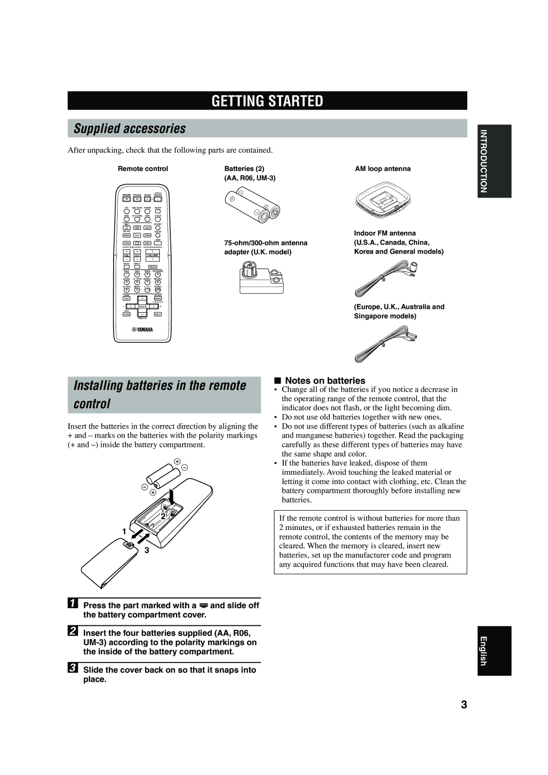 Yamaha RX-V440RDS owner manual Getting Started, Supplied accessories, Control 