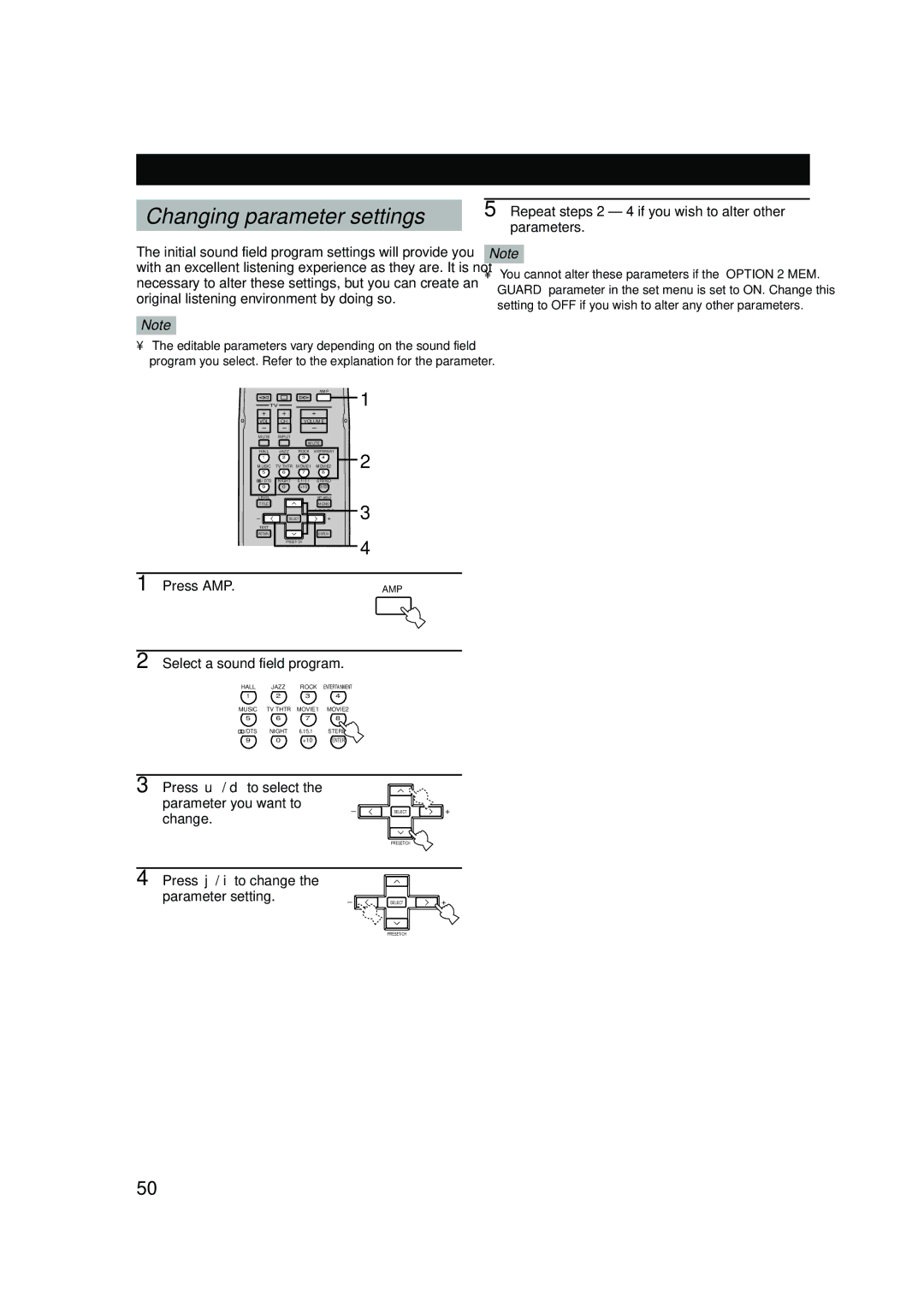 Yamaha RX-V440RDS owner manual Sound Field Program Parameter Editing, Changing parameter settings 