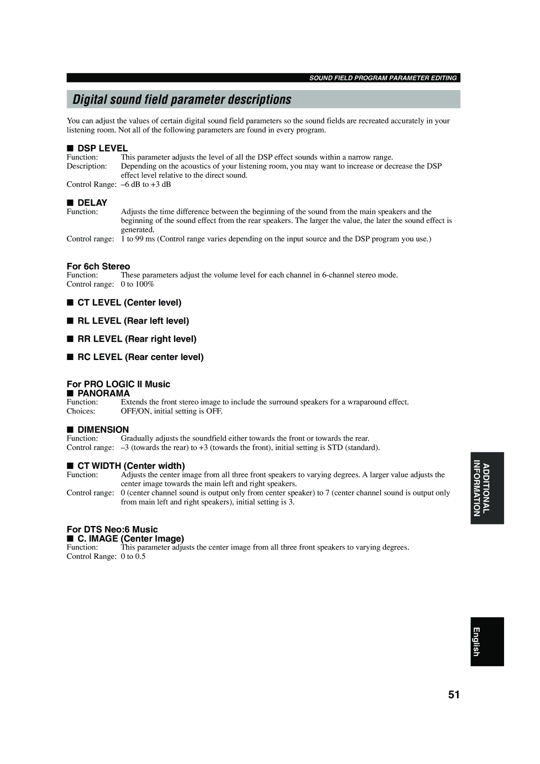 Yamaha RX-V440RDS owner manual Digital sound field parameter descriptions, DSP Level, Delay, Panorama, Dimension 