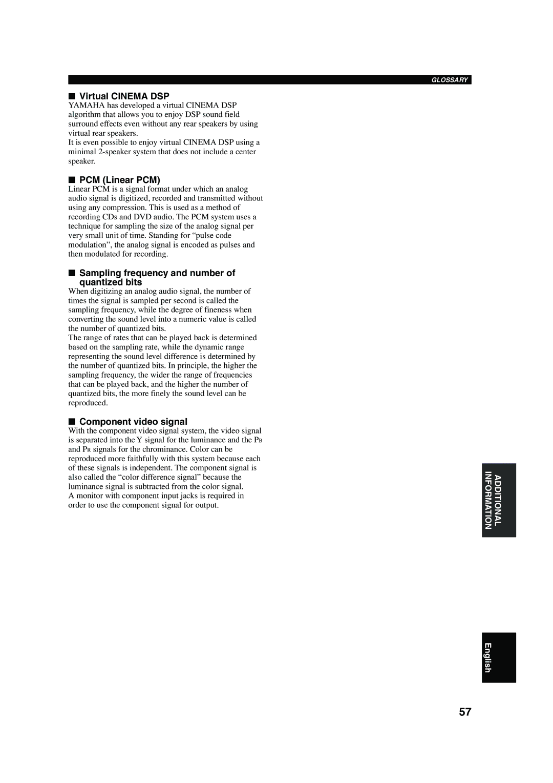 Yamaha RX-V440RDS owner manual PCM Linear PCM, Sampling frequency and number Quantized bits, Component video signal 