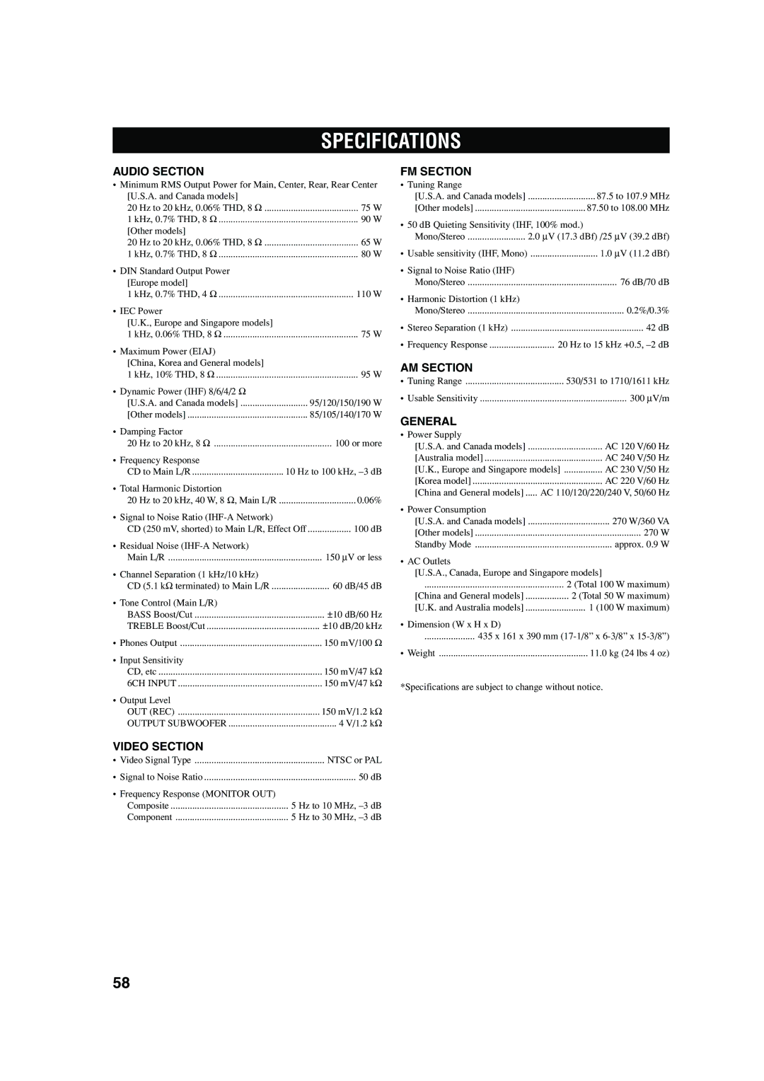 Yamaha RX-V440RDS owner manual Specifications 