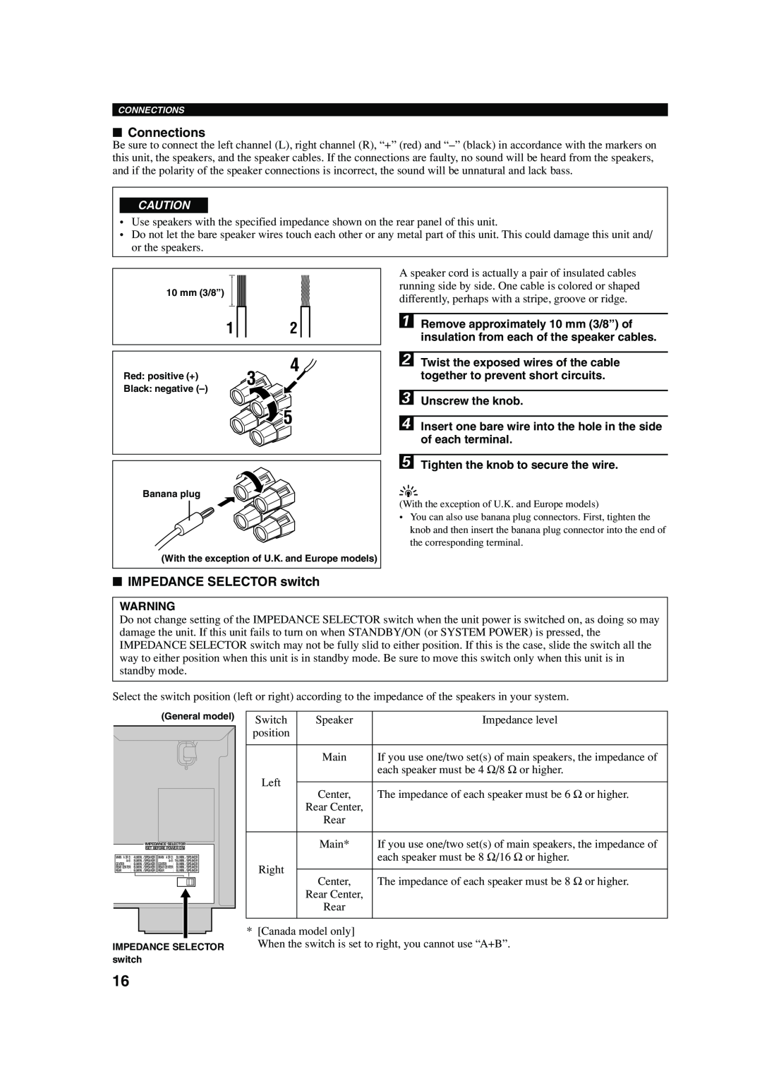 Yamaha RX-V440RDS owner manual Connections, IMPEDANCE SELECTOR switch 