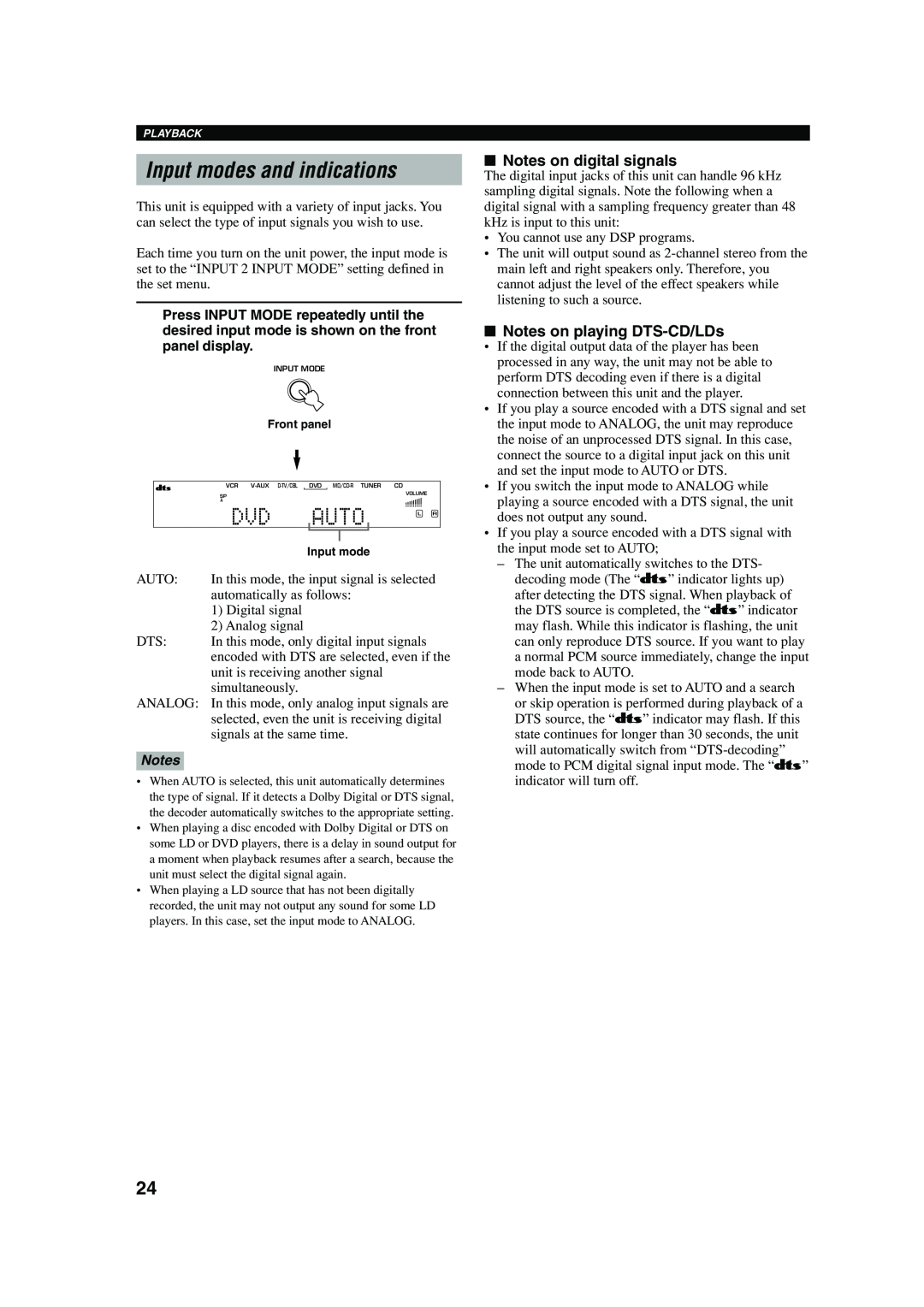 Yamaha RX-V440RDS owner manual Input modes and indications, Auto, Notes on digital signals, Notes on playing DTS-CD/LDs 
