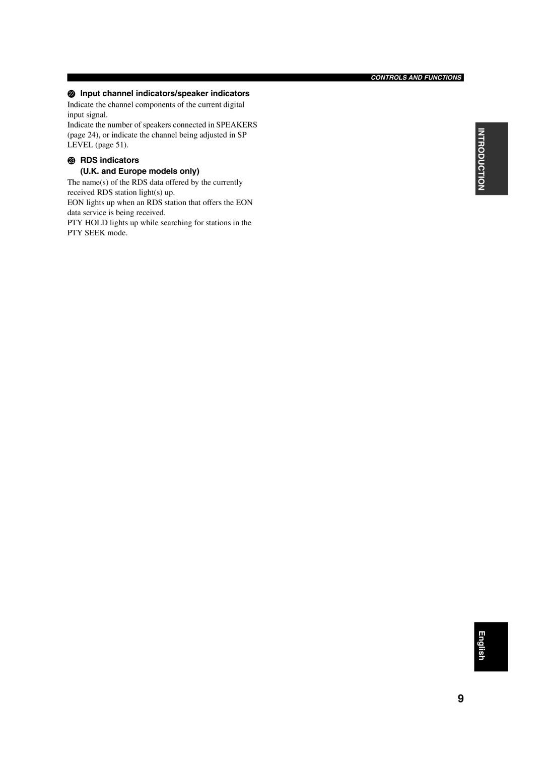 Yamaha RX-V450 owner manual Input channel indicators/speaker indicators, RDS indicators Europe models only 