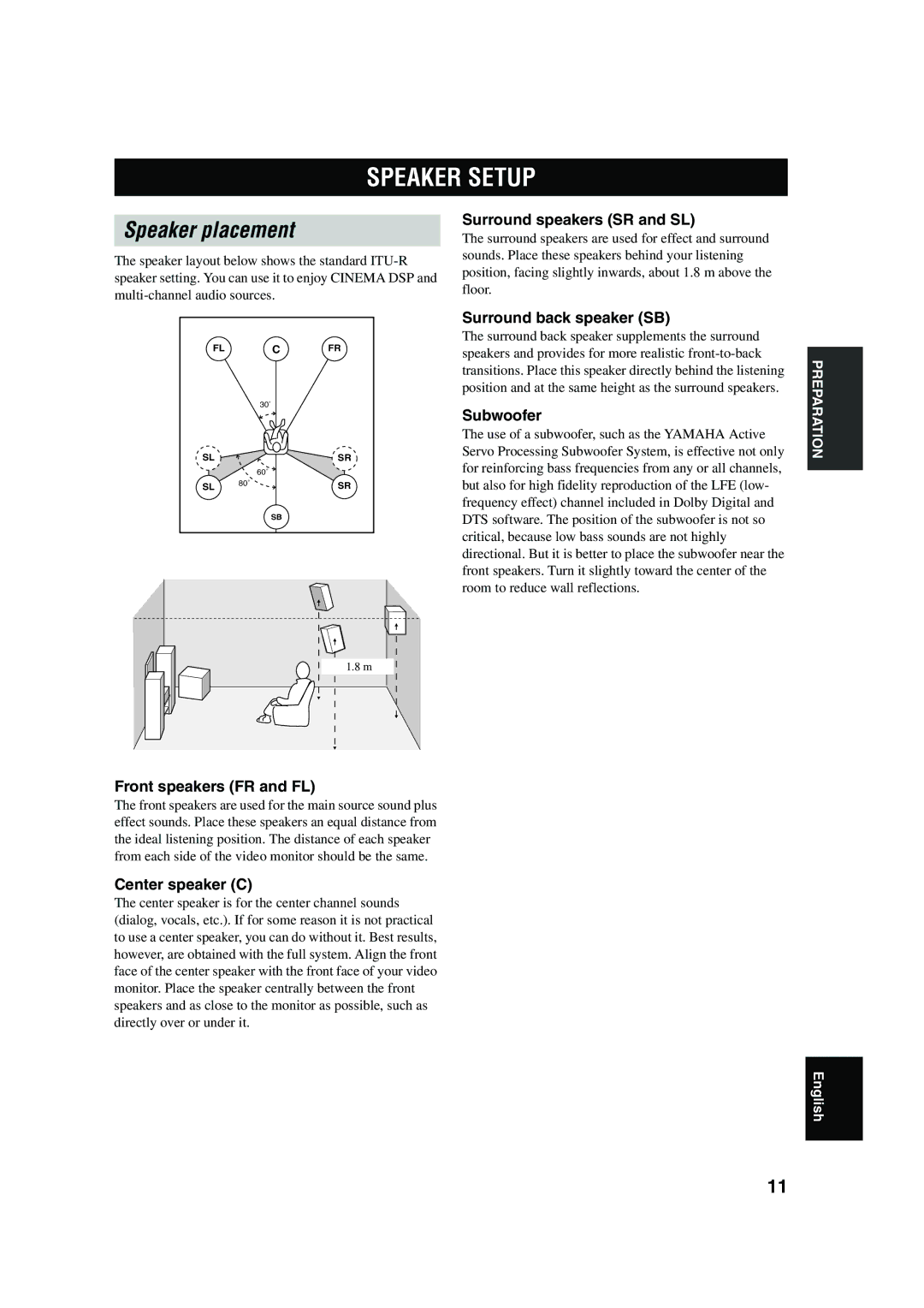 Yamaha RX-V450 owner manual Speaker Setup, Speaker placement 