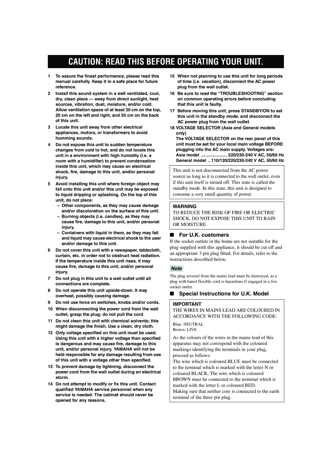 Yamaha RX-V450 owner manual For U.K. customers, Special Instructions for U.K. Model 