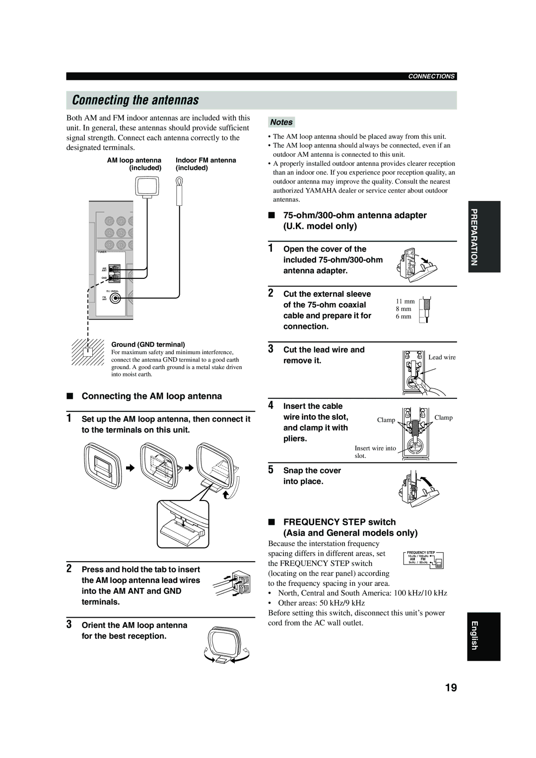 Yamaha RX-V450 Connecting the antennas, Connecting the AM loop antenna, 75-ohm/300-ohm antenna adapter U.K. model only 