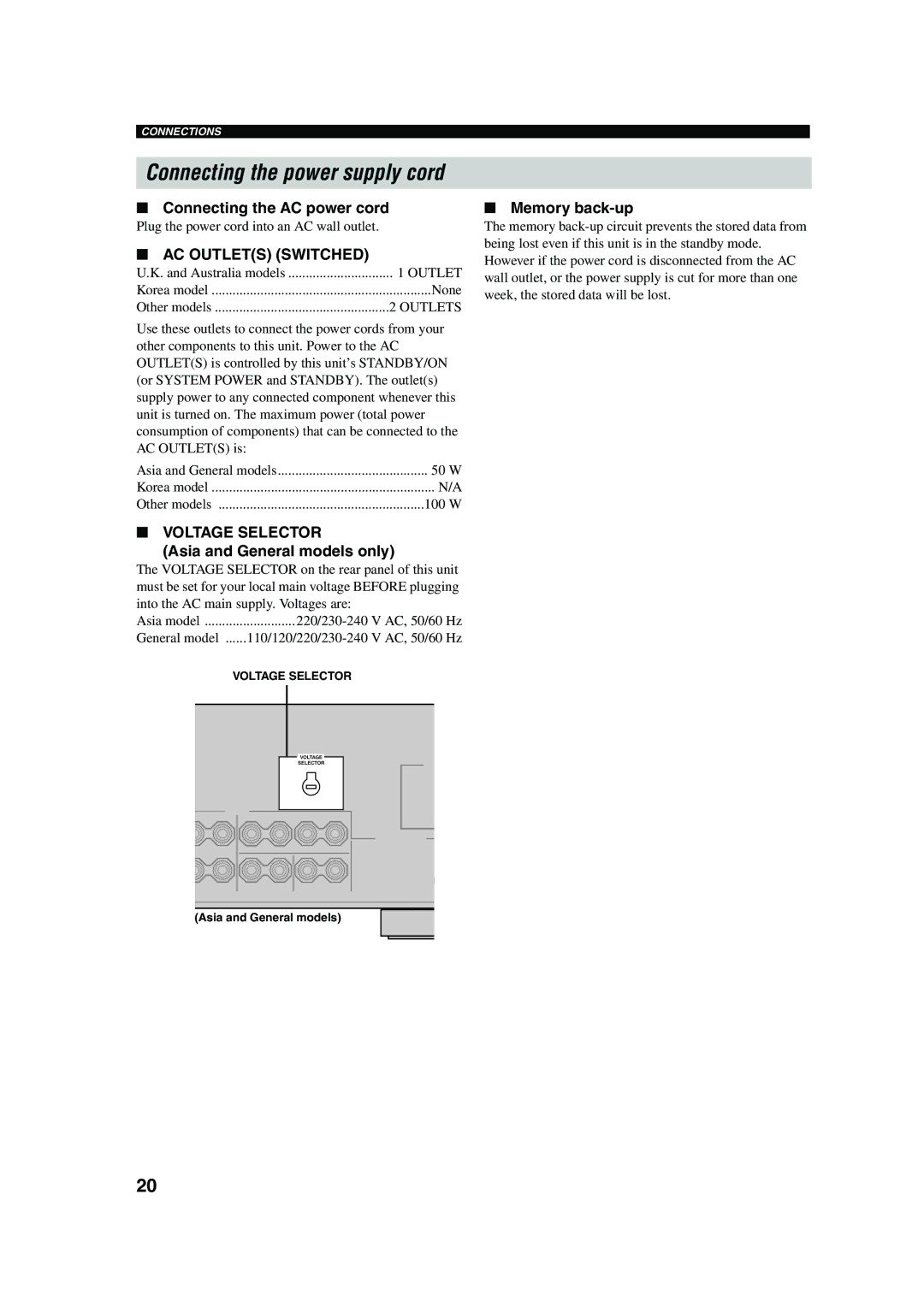 Yamaha RX-V450 owner manual Connecting the AC power cord, Memory back-up 