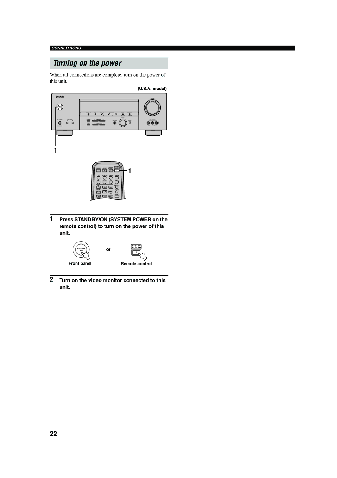 Yamaha RX-V450 owner manual Turning on the power, Turn on the video monitor connected to this unit, Front panel 