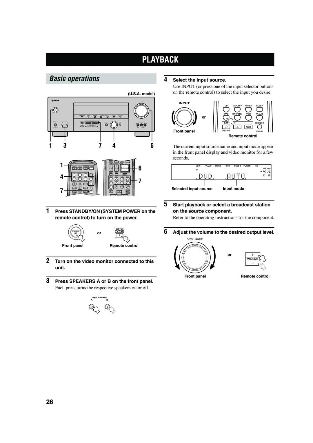 Yamaha RX-V450 Playback, Basic operations, Select the input source, Adjust the volume to the desired output level 