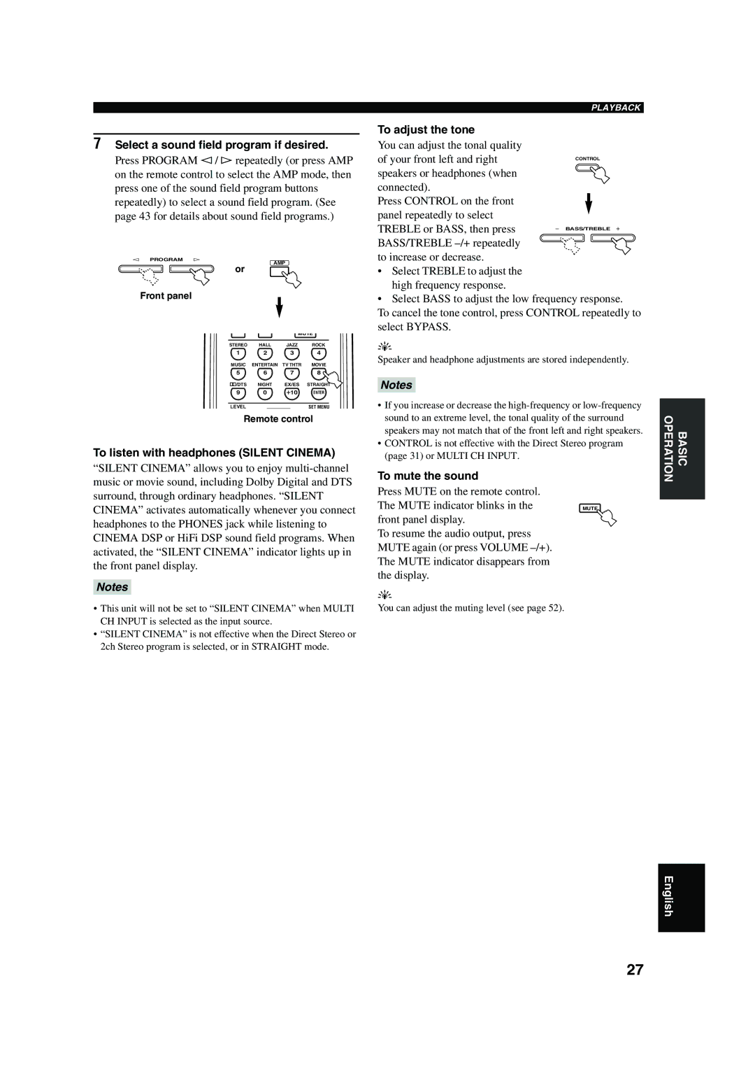 Yamaha RX-V450 Select a sound field program if desired, To listen with headphones Silent Cinema, To adjust the tone 