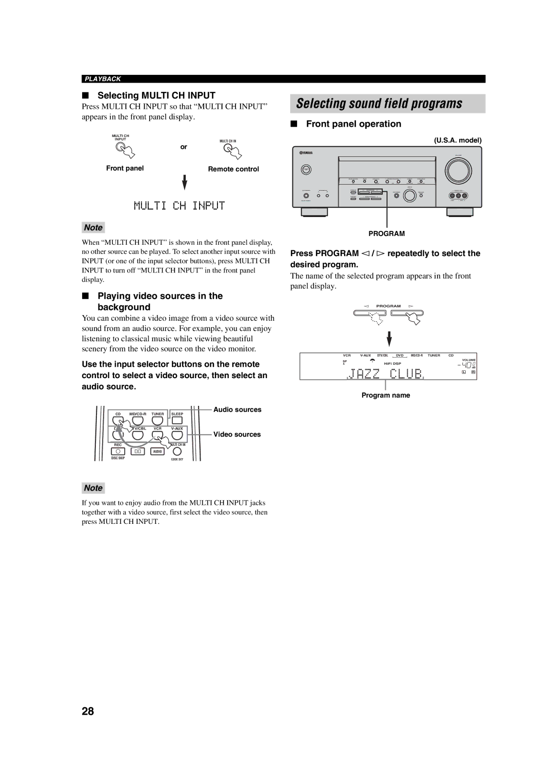 Yamaha RX-V450 Selecting sound field programs, Selecting Multi CH Input, Playing video sources Background, Program name 