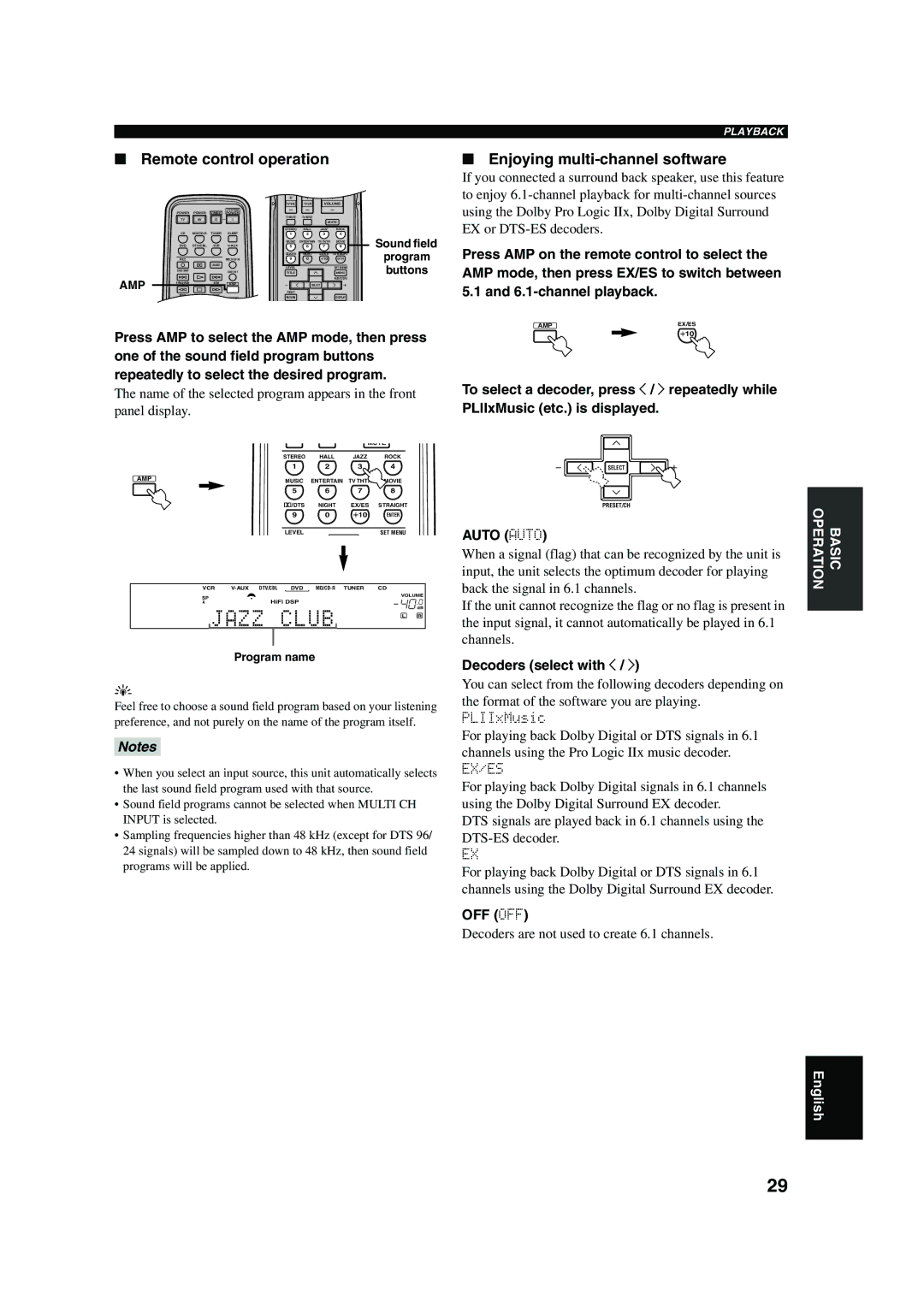 Yamaha RX-V450 Remote control operation, Enjoying multi-channel software, Auto Auto, Decoders select with j, Off Off 