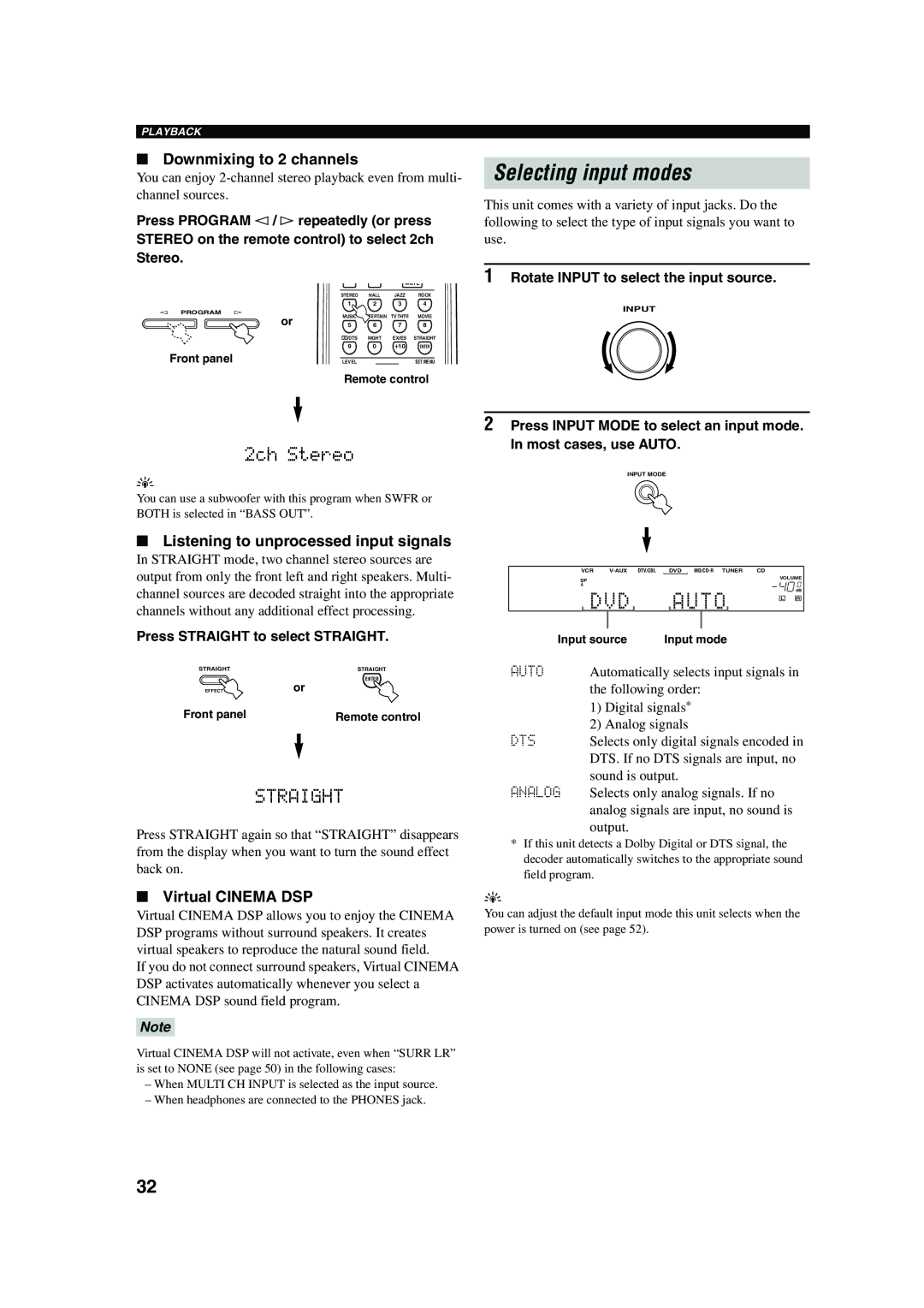 Yamaha RX-V450 Selecting input modes, Downmixing to 2 channels, Listening to unprocessed input signals, Virtual Cinema DSP 