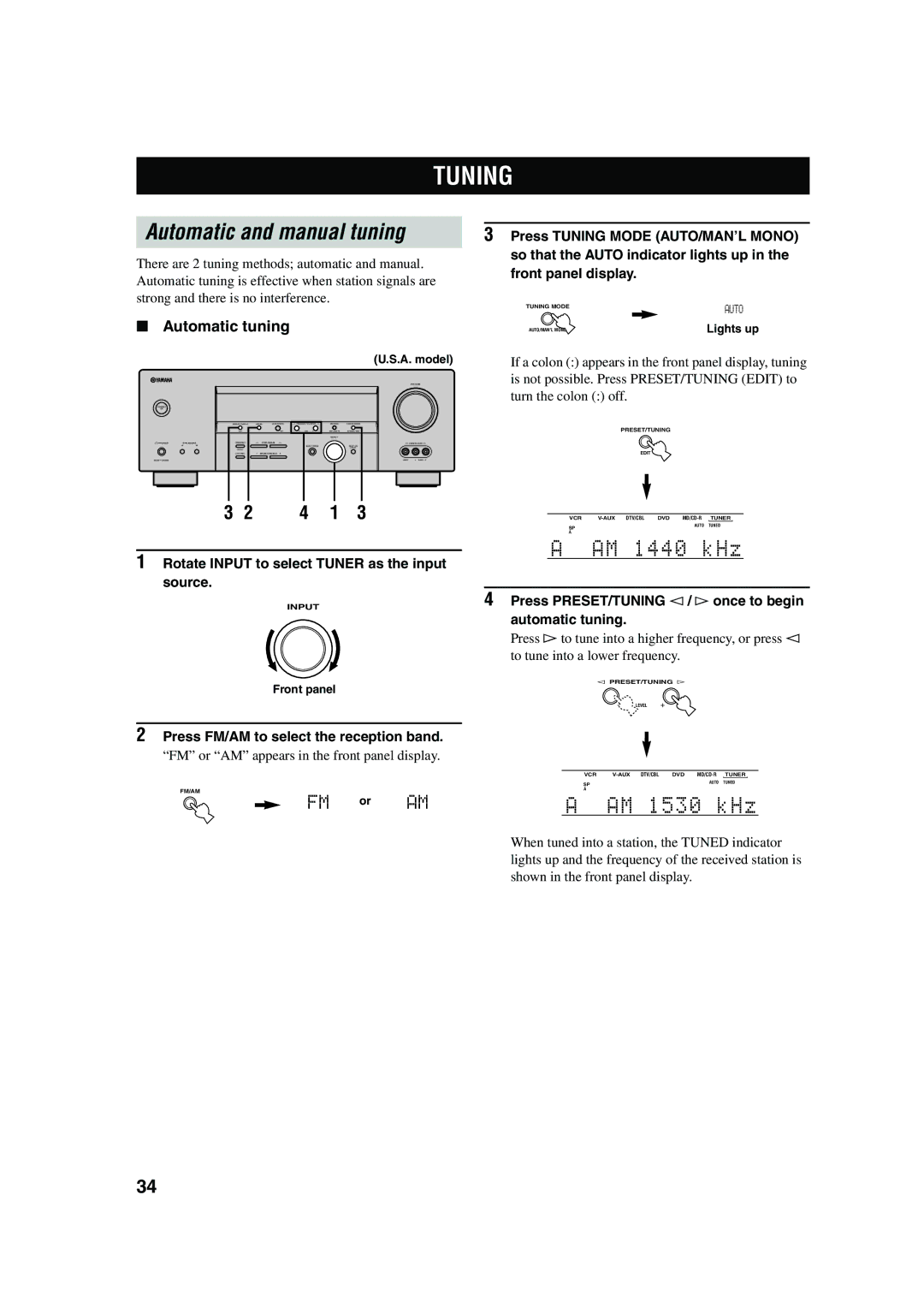 Yamaha RX-V450 owner manual Tuning, Automatic and manual tuning, Automatic tuning 