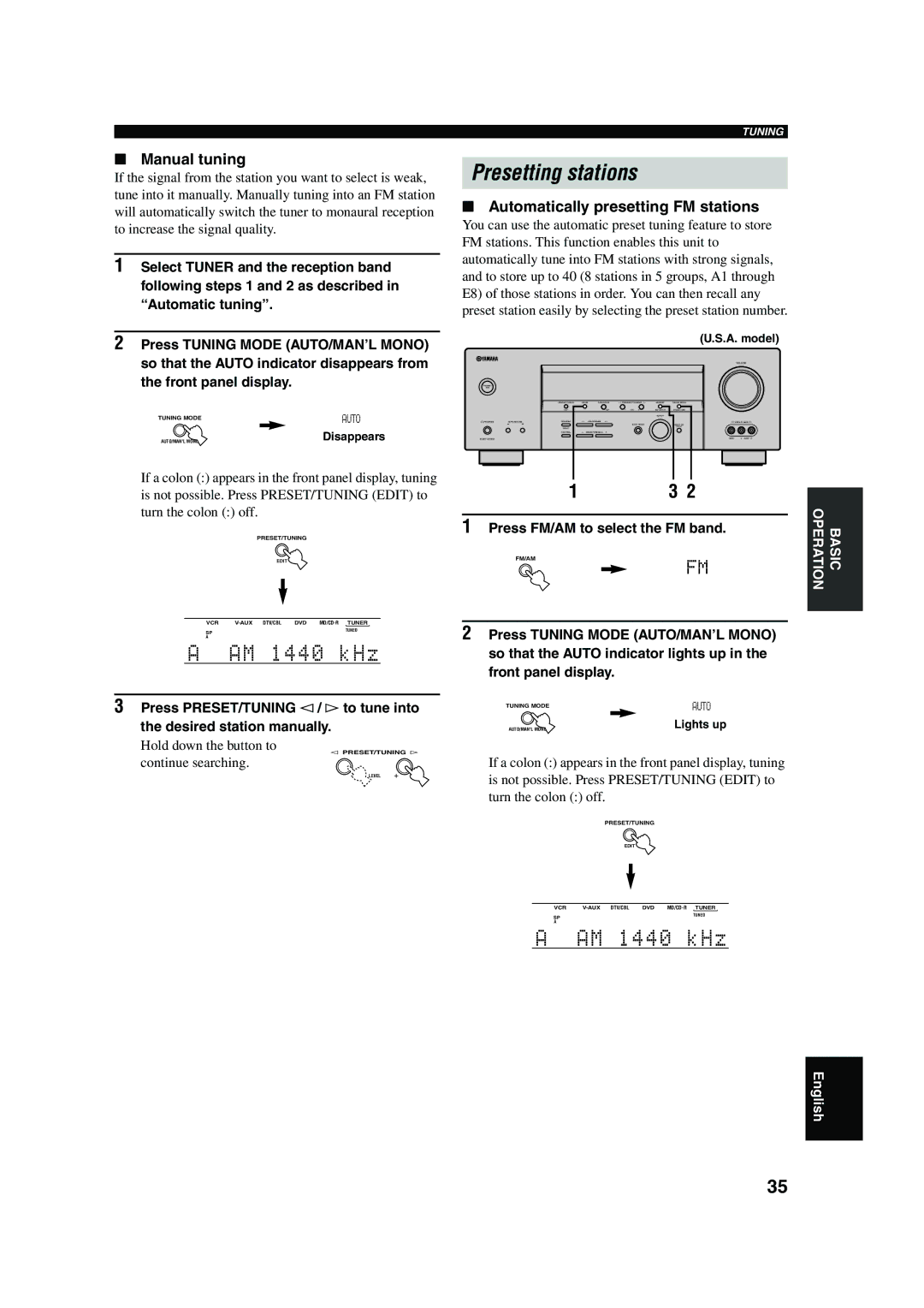 Yamaha RX-V450 owner manual Presetting stations, Manual tuning, Automatically presetting FM stations 