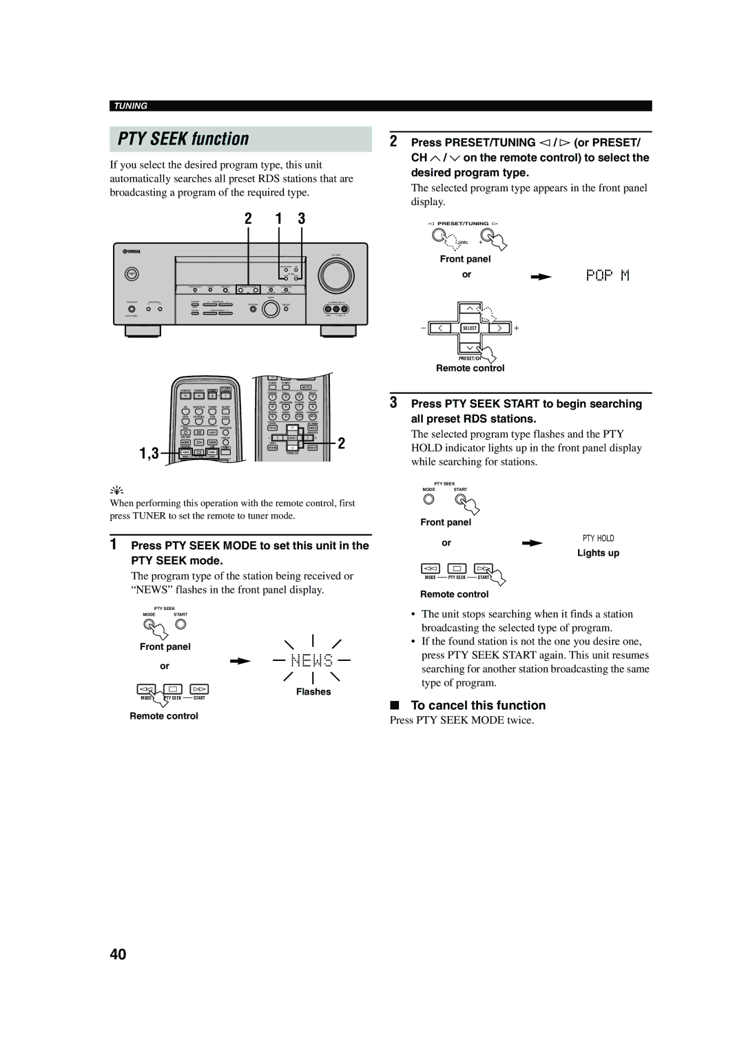 Yamaha RX-V450 PTY Seek function, To cancel this function, Selected program type appears in the front panel display 