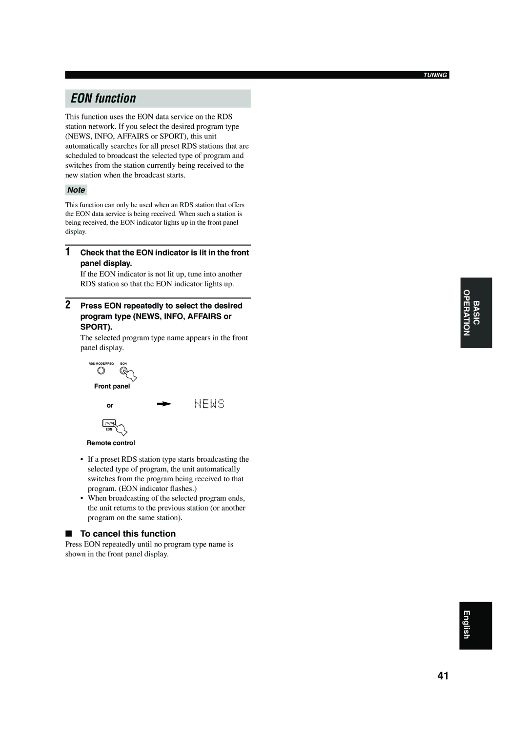 Yamaha RX-V450 owner manual EON function 