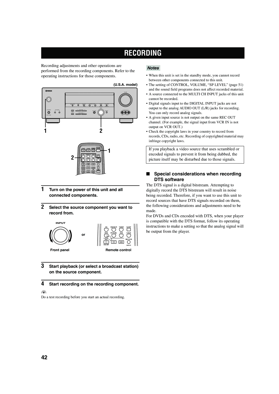 Yamaha RX-V450 owner manual Recording, Special considerations when recording DTS software, Front panel Remote control 