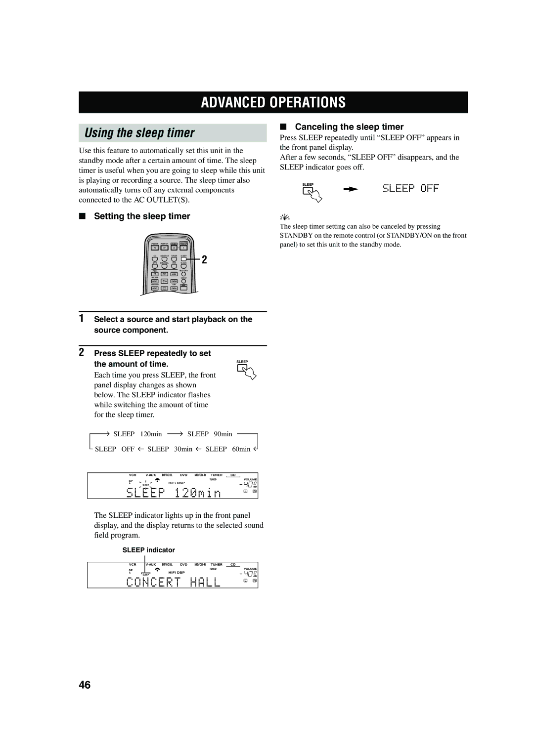 Yamaha RX-V450 owner manual Advanced Operations, Using the sleep timer, Canceling the sleep timer, Setting the sleep timer 