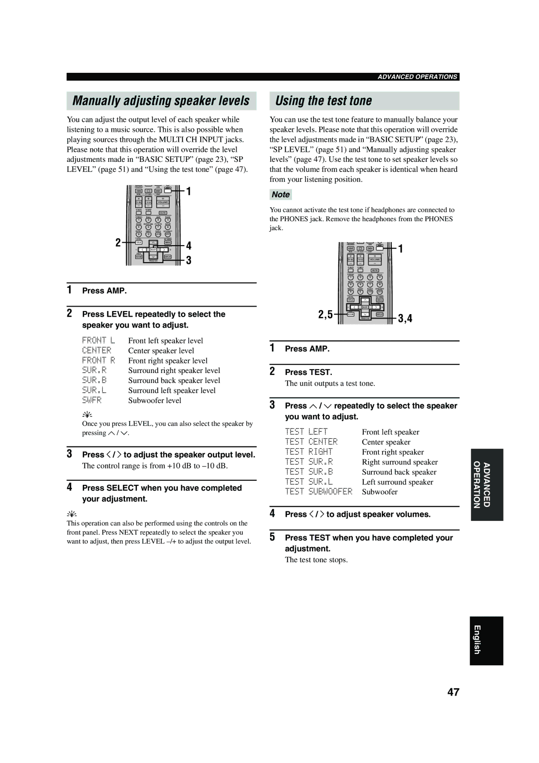 Yamaha RX-V450 owner manual Using the test tone 