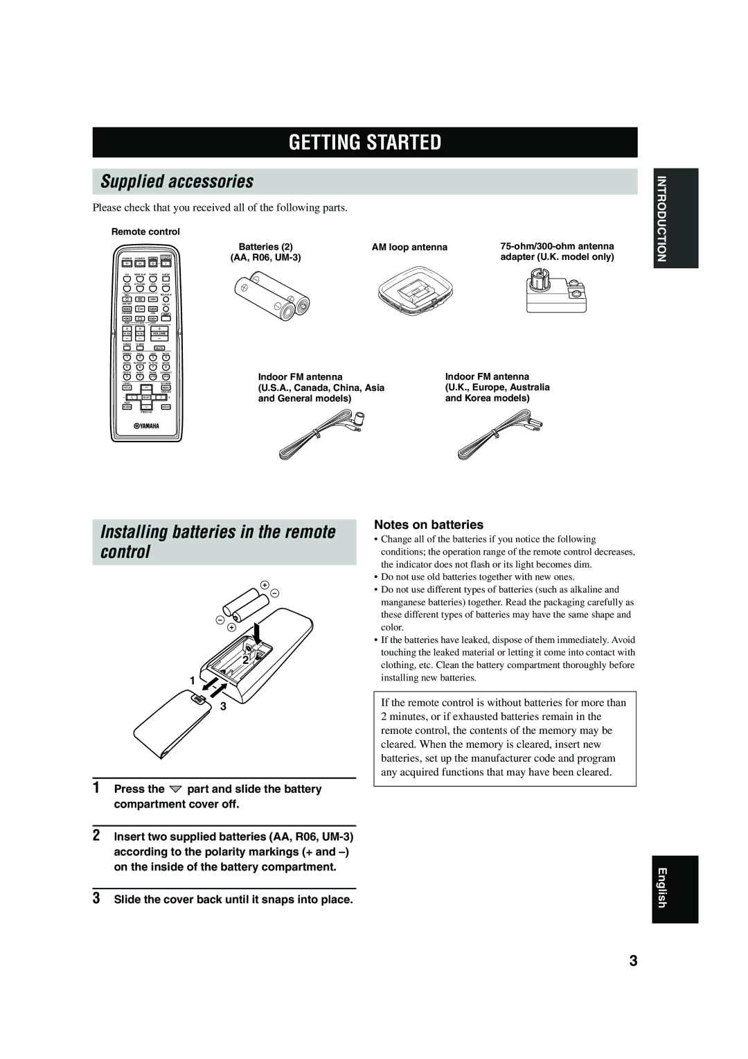 Yamaha RX-V450 owner manual Getting Started, Supplied accessories, Installing batteries in the remote control 