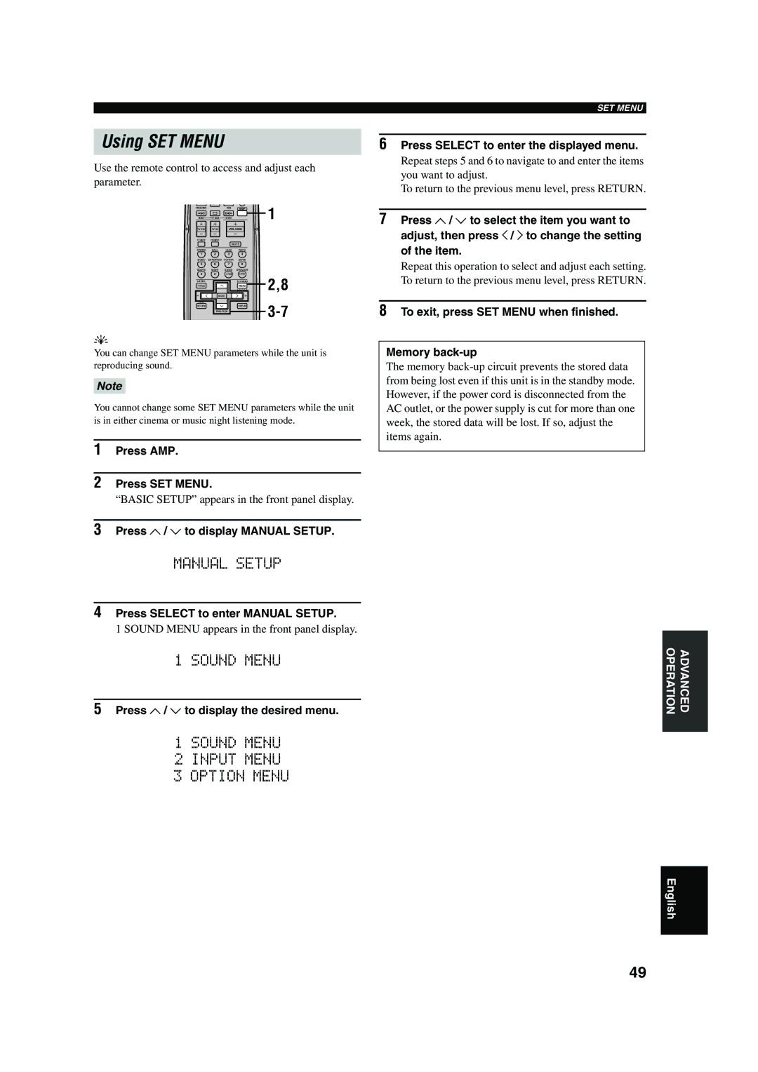 Yamaha RX-V450 owner manual Using SET Menu 