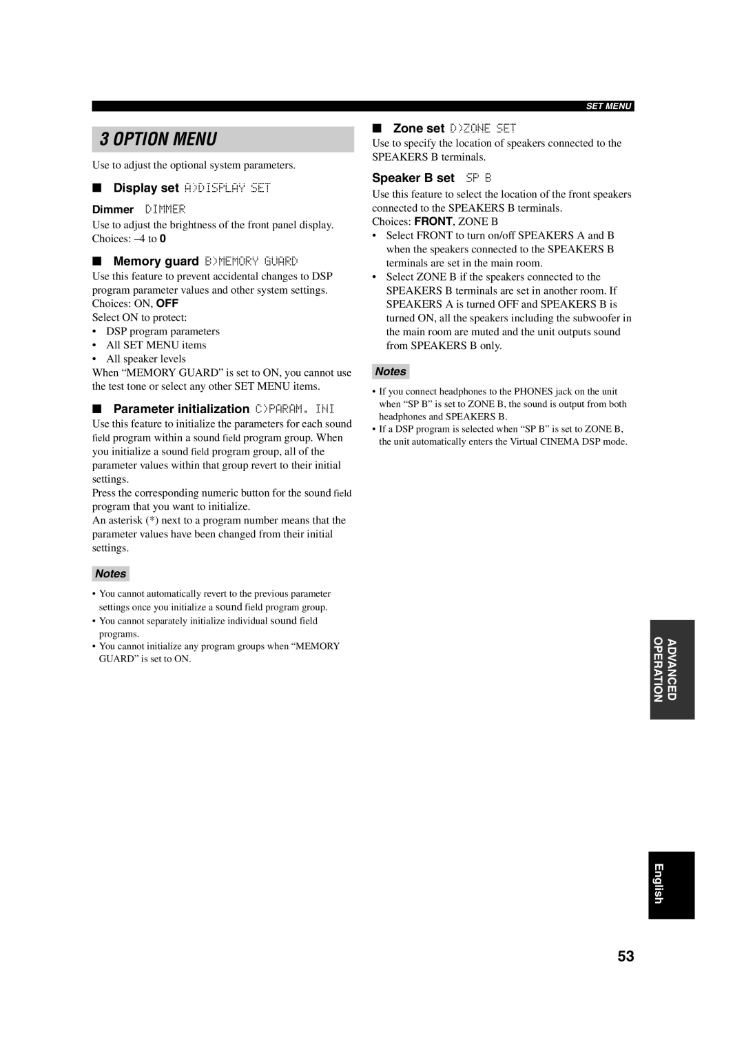 Yamaha RX-V450 owner manual Parameter initialization CPARAM. INI, Speaker B set SP B, Dimmer Dimmer 