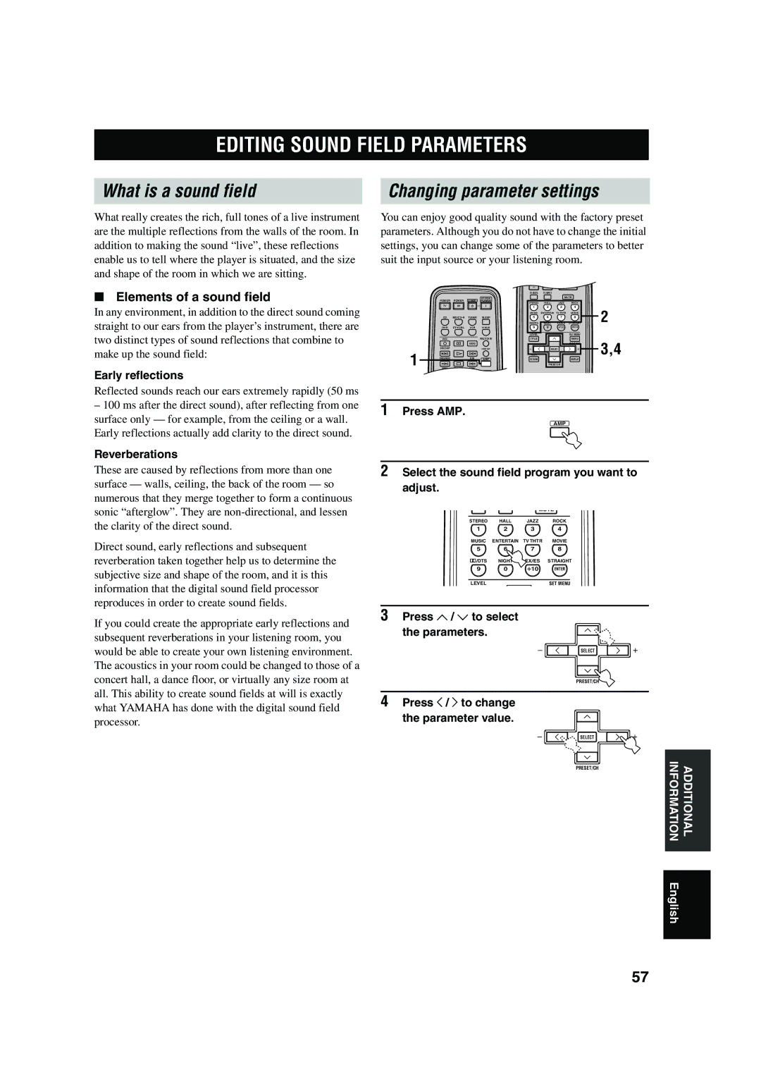 Yamaha RX-V450 owner manual Editing Sound Field Parameters, What is a sound field, Elements of a sound field 