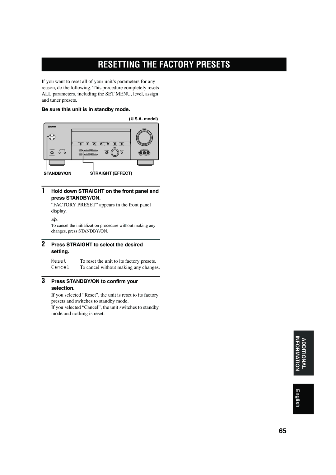 Yamaha RX-V450 owner manual Resetting the Factory Presets, Be sure this unit is in standby mode 