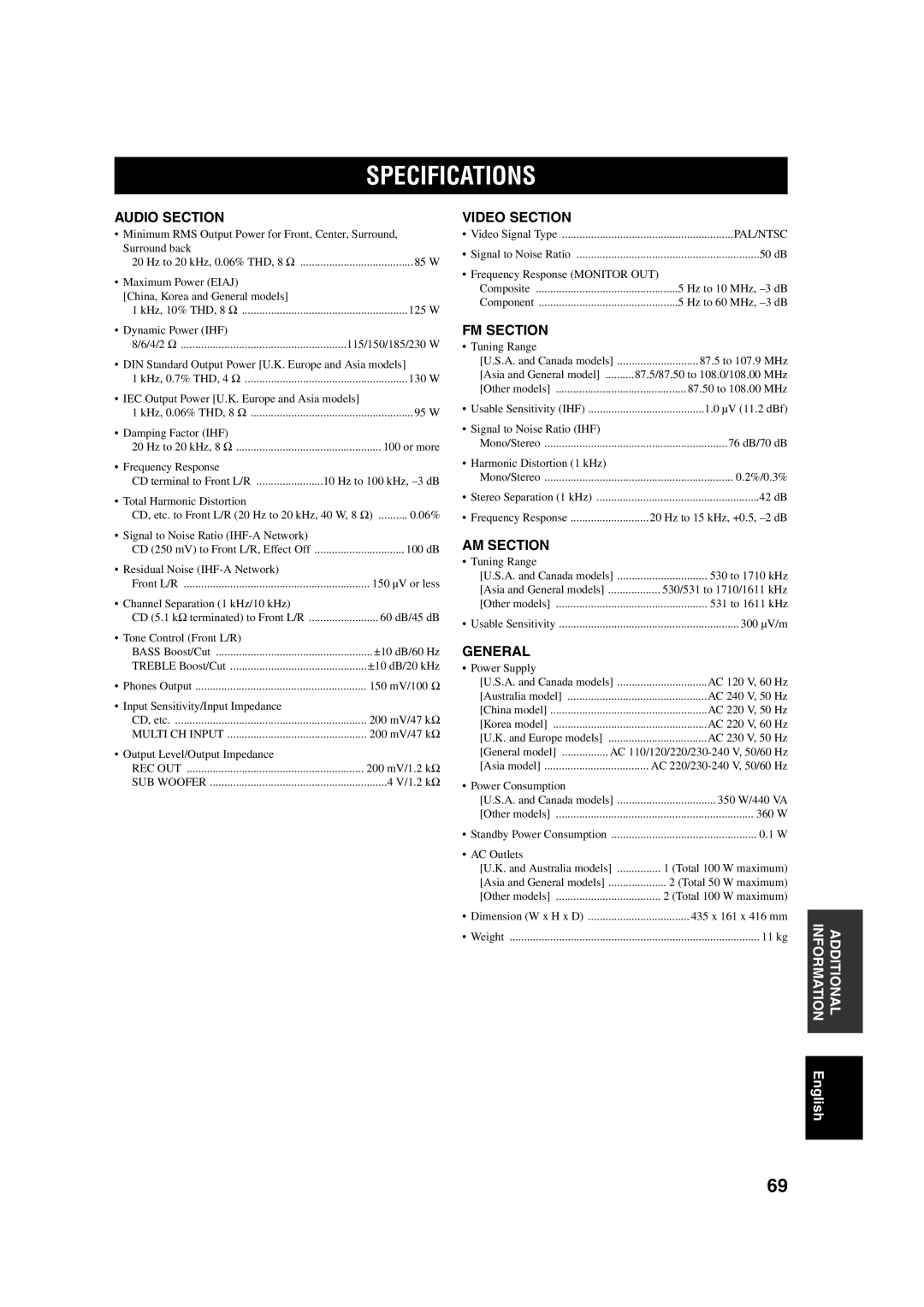 Yamaha RX-V450 owner manual Specifications 