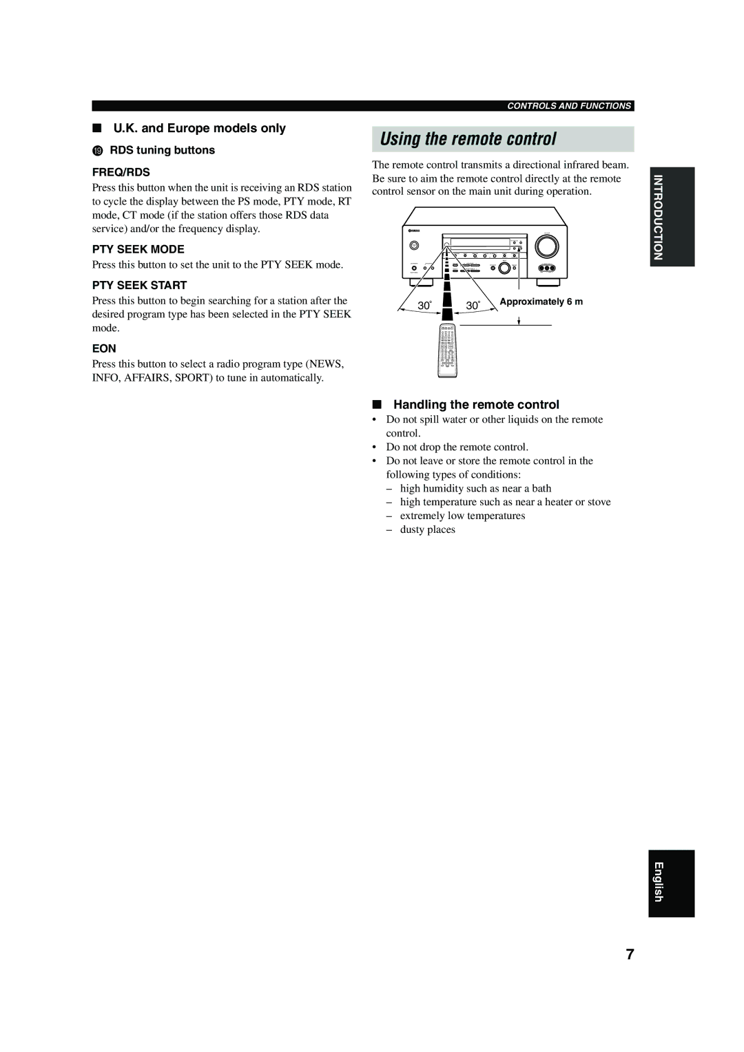 Yamaha RX-V450 owner manual Using the remote control, Handling the remote control, RDS tuning buttons, Freq/Rds 