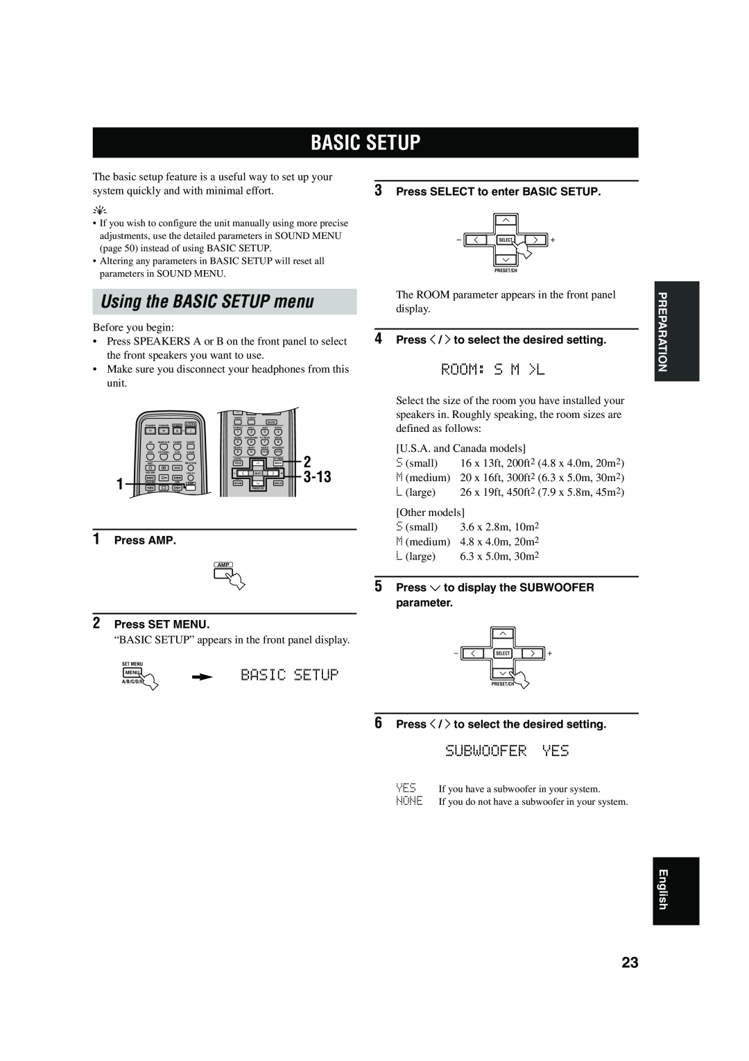 Yamaha RX-V450 Basic Setup, Using the BASIC SETUP menu, Room: S M >L, 2 3-13, Subwoofer Yes, 1Press AMP, 2Press SET MENU 