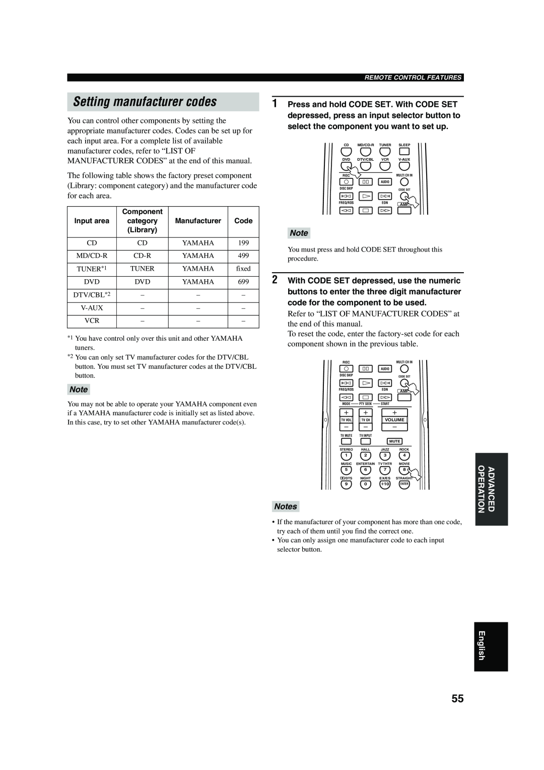 Yamaha RX-V450 owner manual Setting manufacturer codes, Notes, Component 