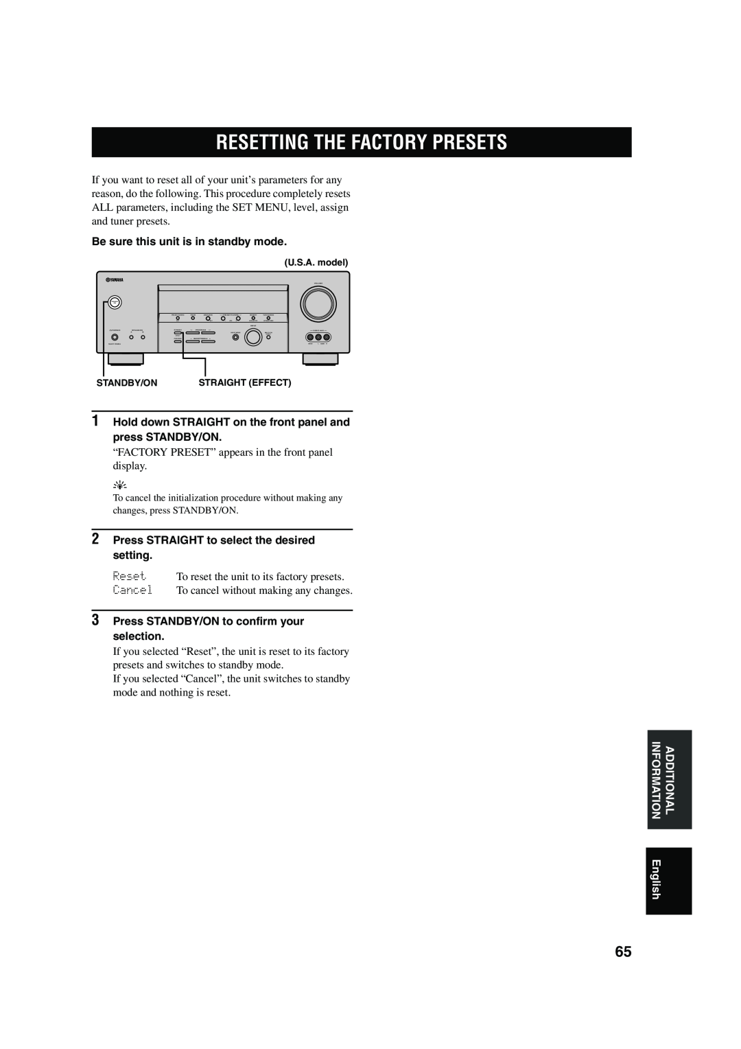 Yamaha RX-V450 owner manual Resetting The Factory Presets, Be sure this unit is in standby mode 