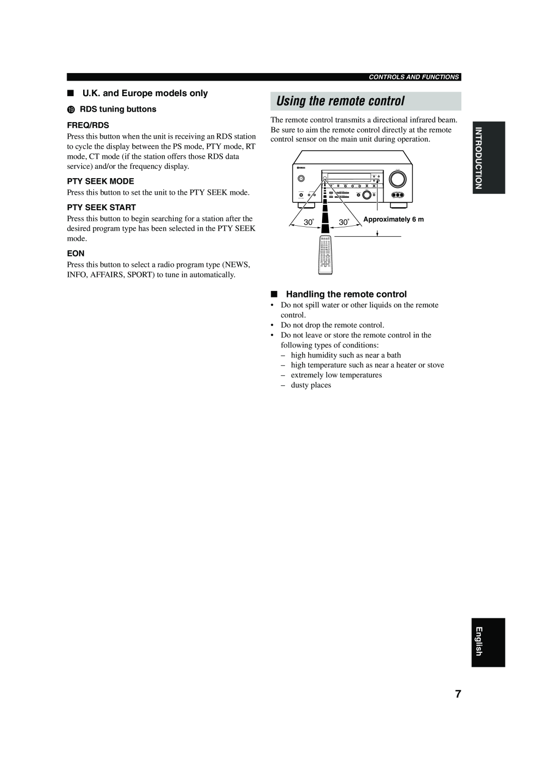 Yamaha RX-V450 Using the remote control, Handling the remote control, IRDS tuning buttons FREQ/RDS, Pty Seek Mode 