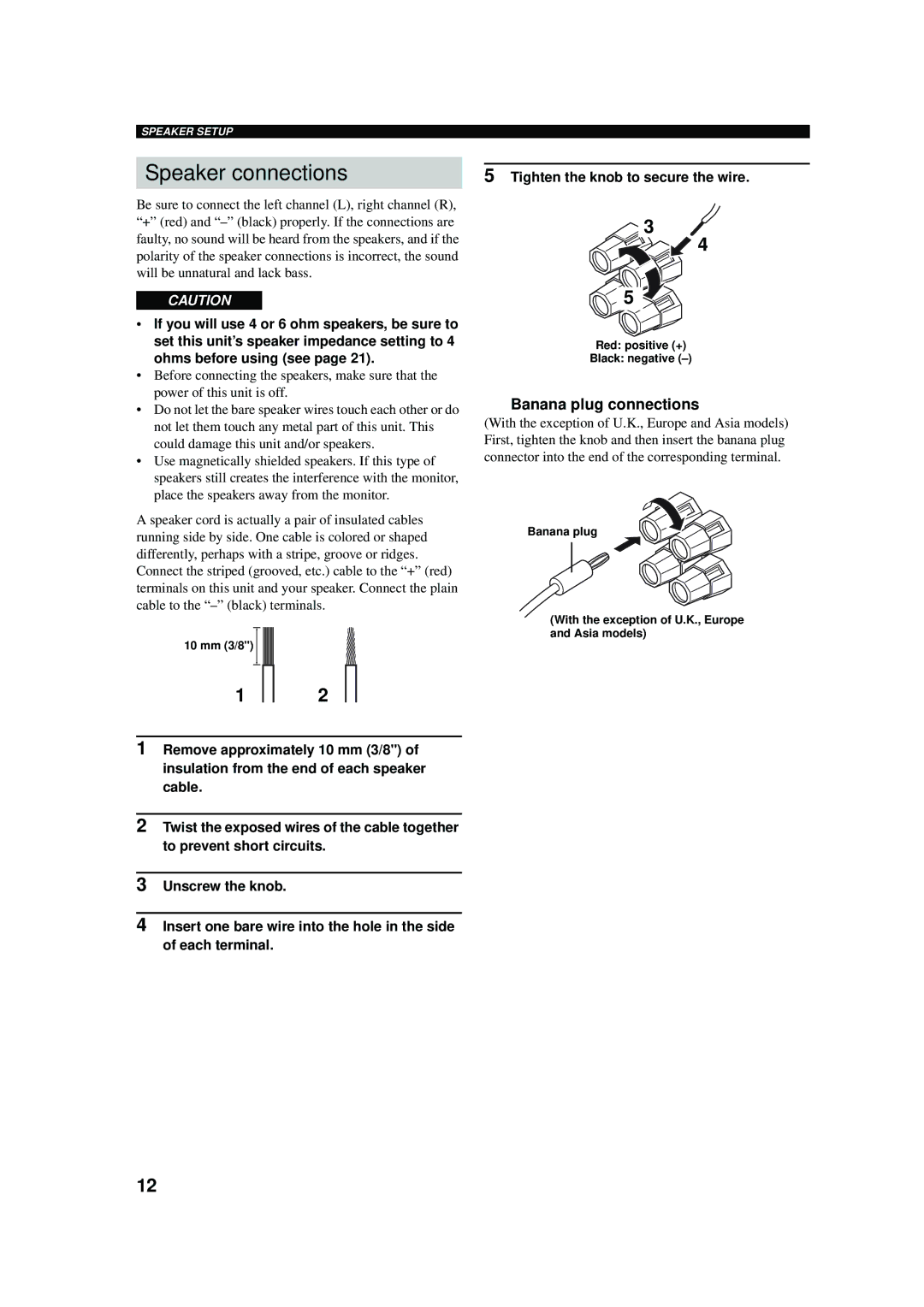 Yamaha RX-V457 owner manual Speaker connections, Banana plug connections 